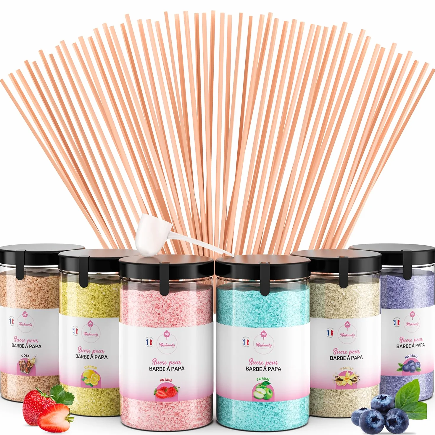 Misskandy® sucre barbe à papa pour machine- Lot de (6 * 240Gr) - (Arômes Naturels): Goûts: Fraise/Pomme/Cola/Myrtille/Vanille/Citron/poudre barbapapa+ 50 bâtonnets (offerts)/ Fabriqué en France