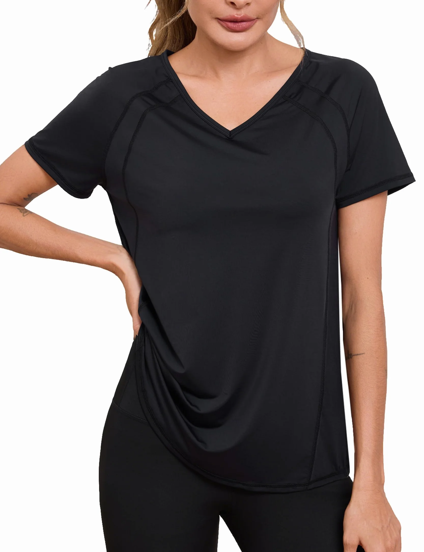 Tee Shirt Sport Femme Manches Courtes Col V Séchage Rapide Haut Yoga Running Fitness Pilates S-3XL