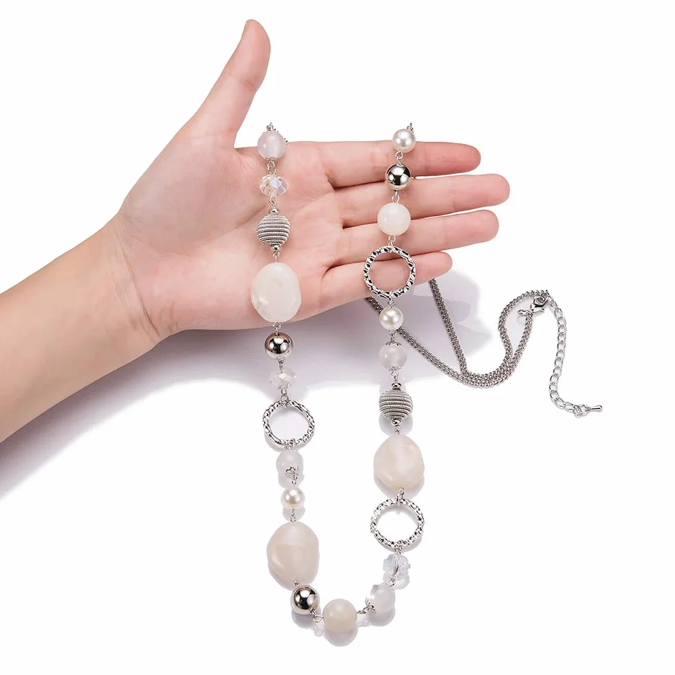 FULU AUTUMN Collier Long Argent Boheme Cristaux Perles Pierre Naturelle Bijoux Fantaisie
