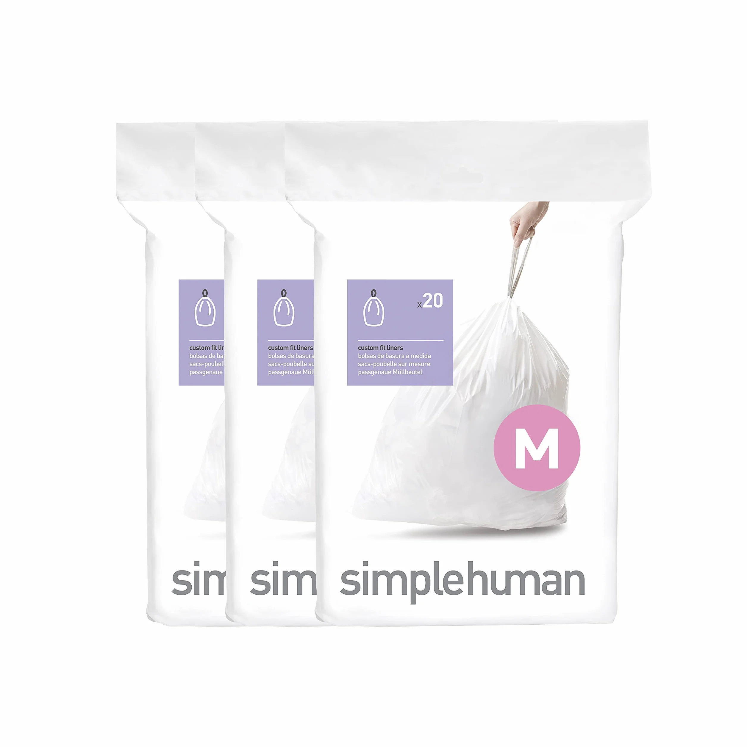 simplehuman CW0261 code M, sacs poubelle sur mesure, 3 x paquet de 20 (60 sacs), plastique blanc