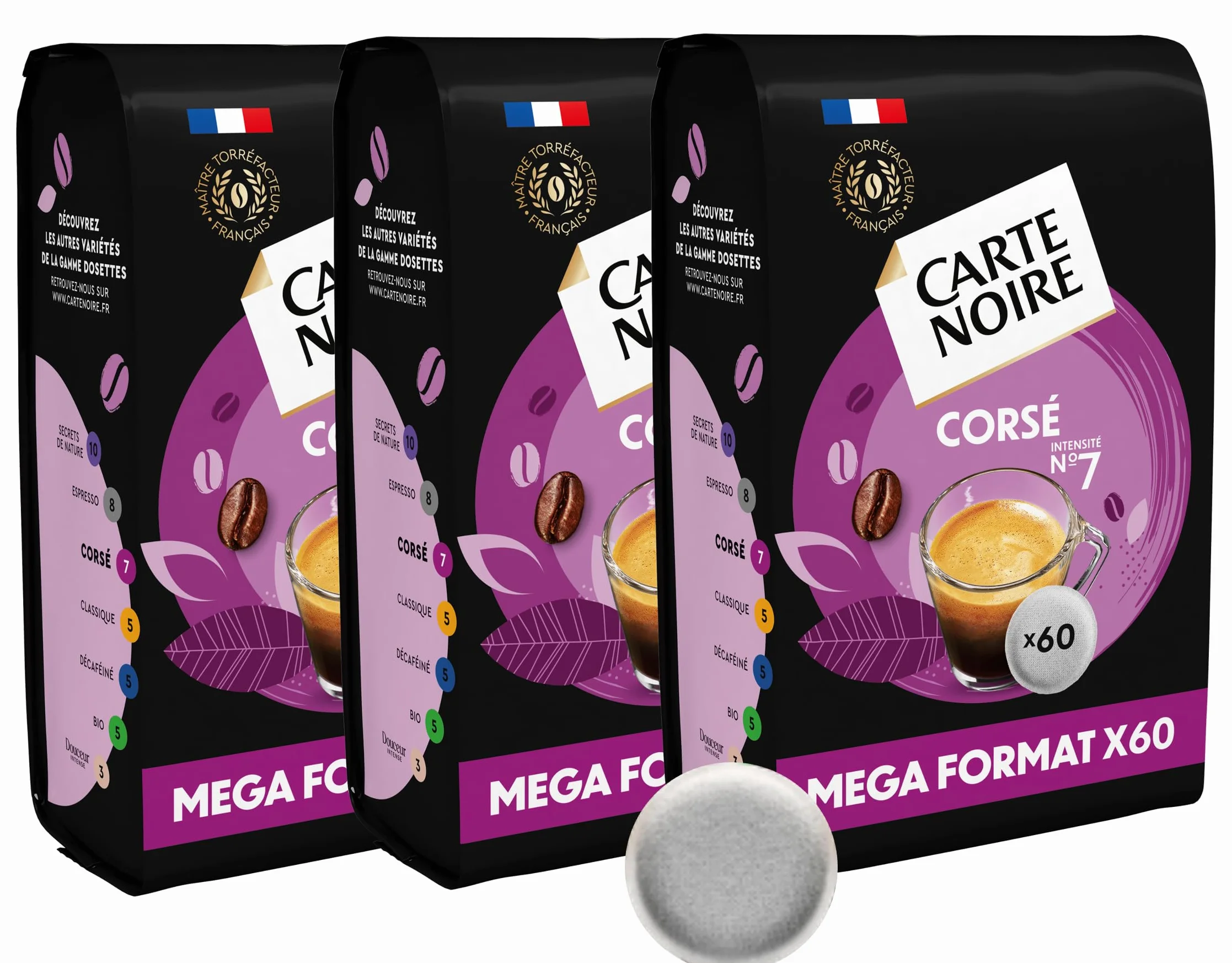 CARTE NOIRE – Café en Dosettes Souples Corsé N°7 – Riche en Arabica - 3 Paquets de 60 Dosettes – Compatibles Senseo (180 dosettes)