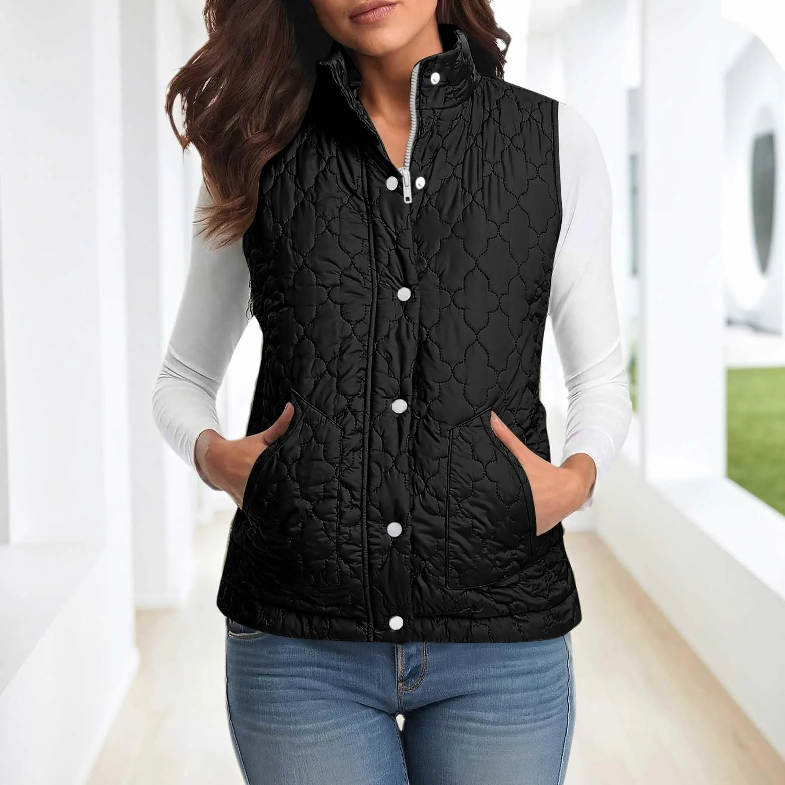 Gilet Doudoune Sans Manches Femme Veste Automne Hiver Zippé Boutonné Poche