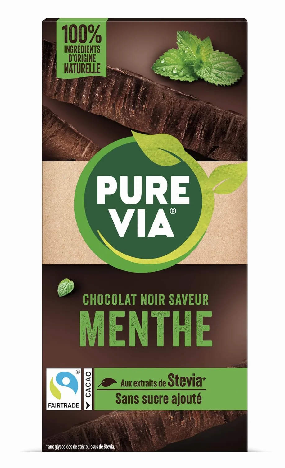 Pure Via Tablette Chocolat Noir Saveur Menthe à la Stevia, Sans sucre ajouté, Équitable 100g