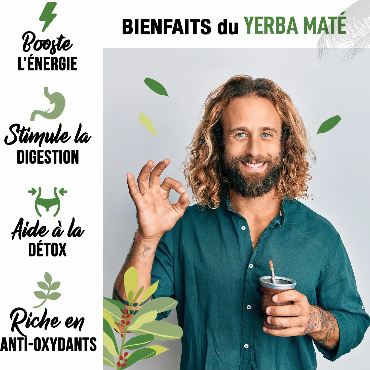 ORIGEENS YERBA MATE BIO 1KG L'Original - Yerba Maté Vert Non Fumé, Récolté à la main - Feuilles, Sans Tige, 0 Poussière - Boisson Energie et Detox