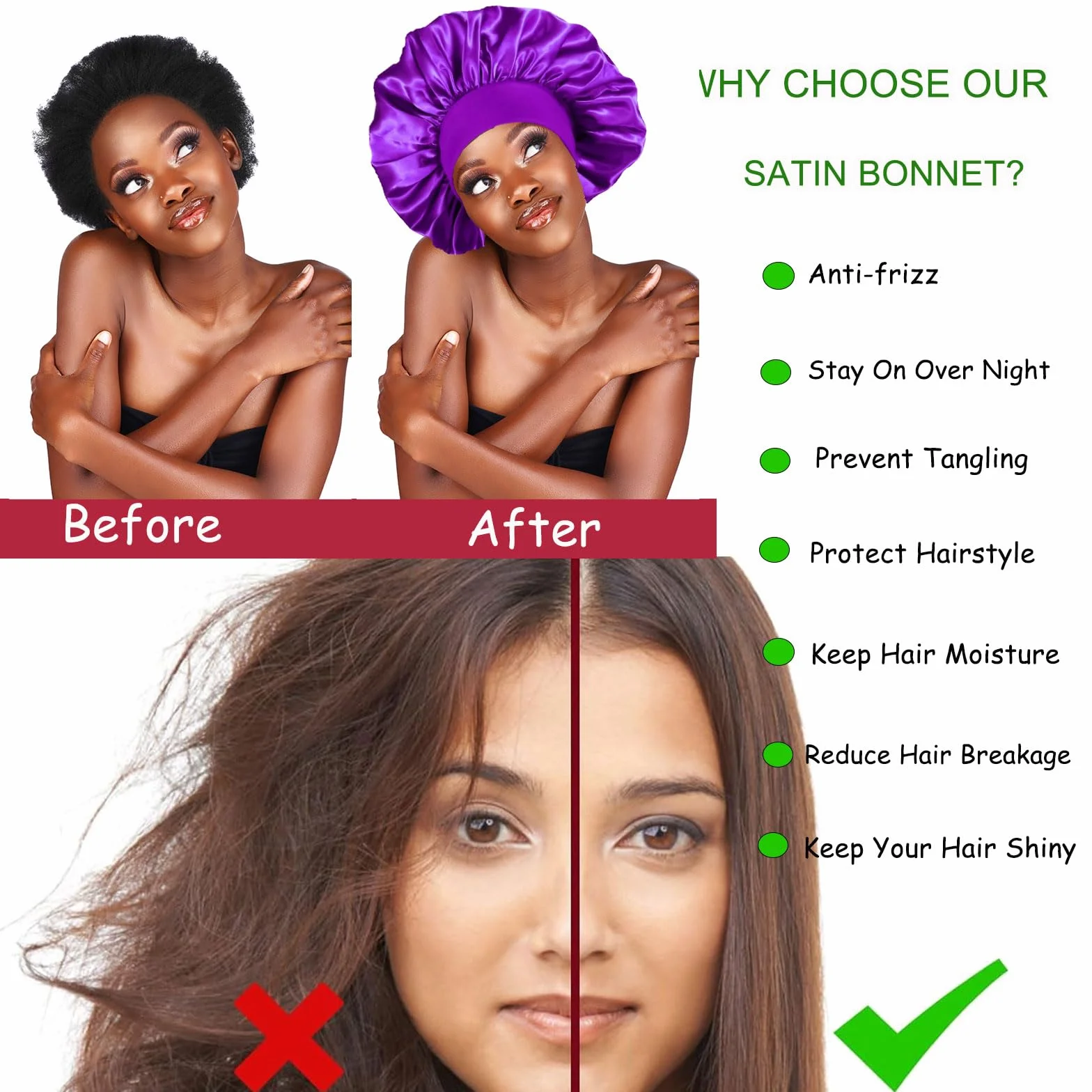 Bonnet Satin Cheveux Nuit 6 Pièces pour Dormir Protection Cheveux Longs Bouclés