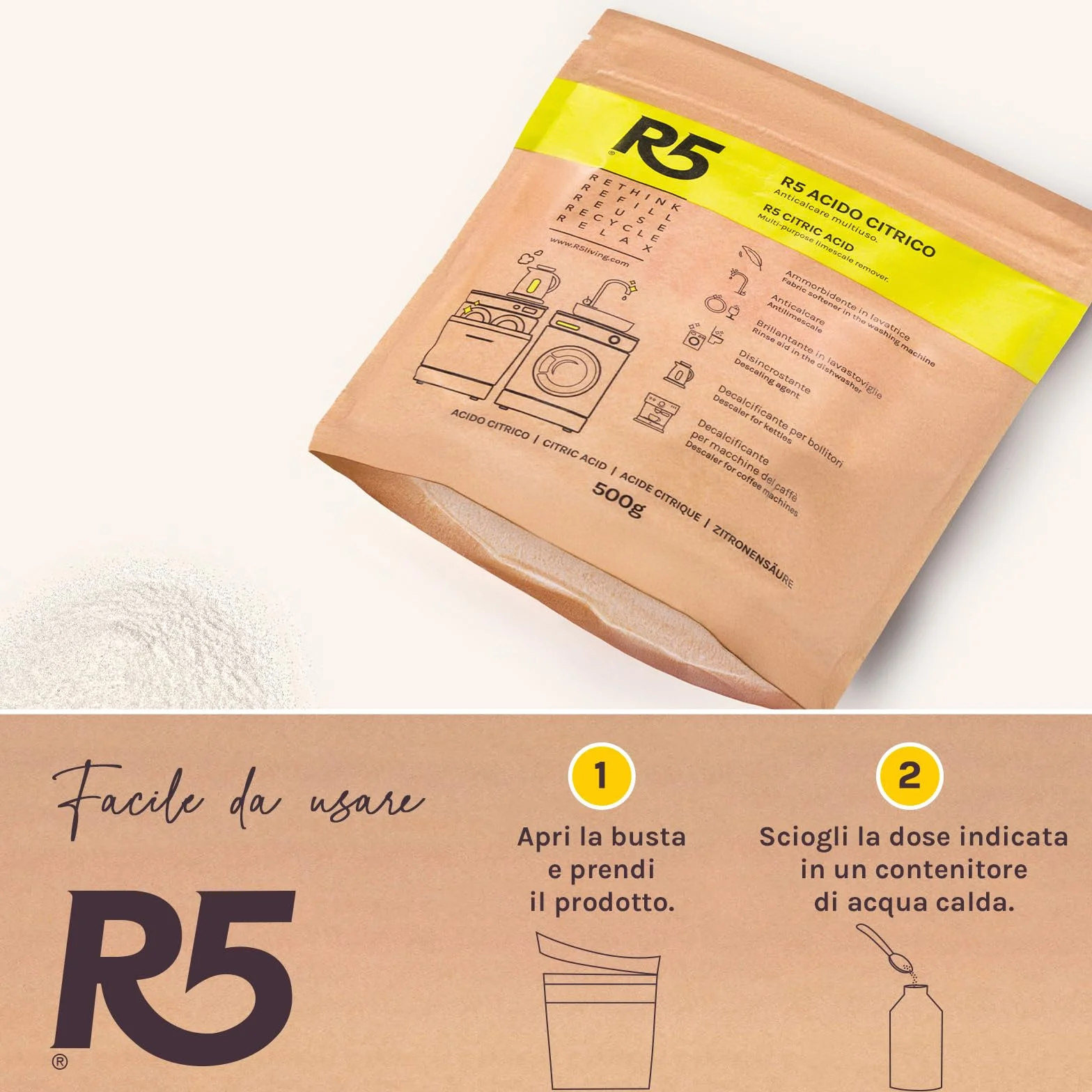 R5, Acide Citrique en Poudre, 1 kg, Détartrant Multi-usages, Détartrant, Produit de Rinçage et Adoucissant, Sans Odeur, Certifié Plastique Négatif, 2 Paquets de 500 g