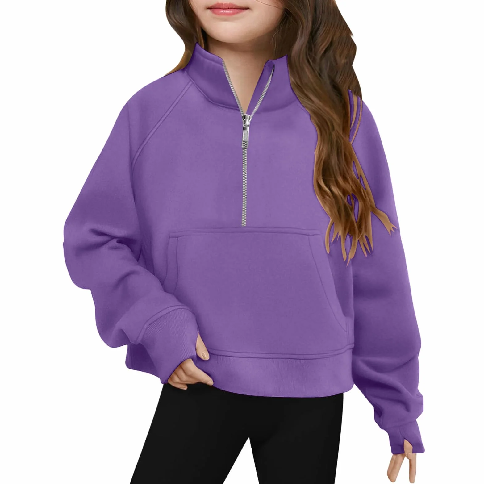 Sweat-Shirt à Demi Zip Unisexe Enfant Filles Garcon Pull Manches Longues Hauts Recadrés Trou Pouce Vêtements Hiver Polaires Légers Ado 5-14 Ans