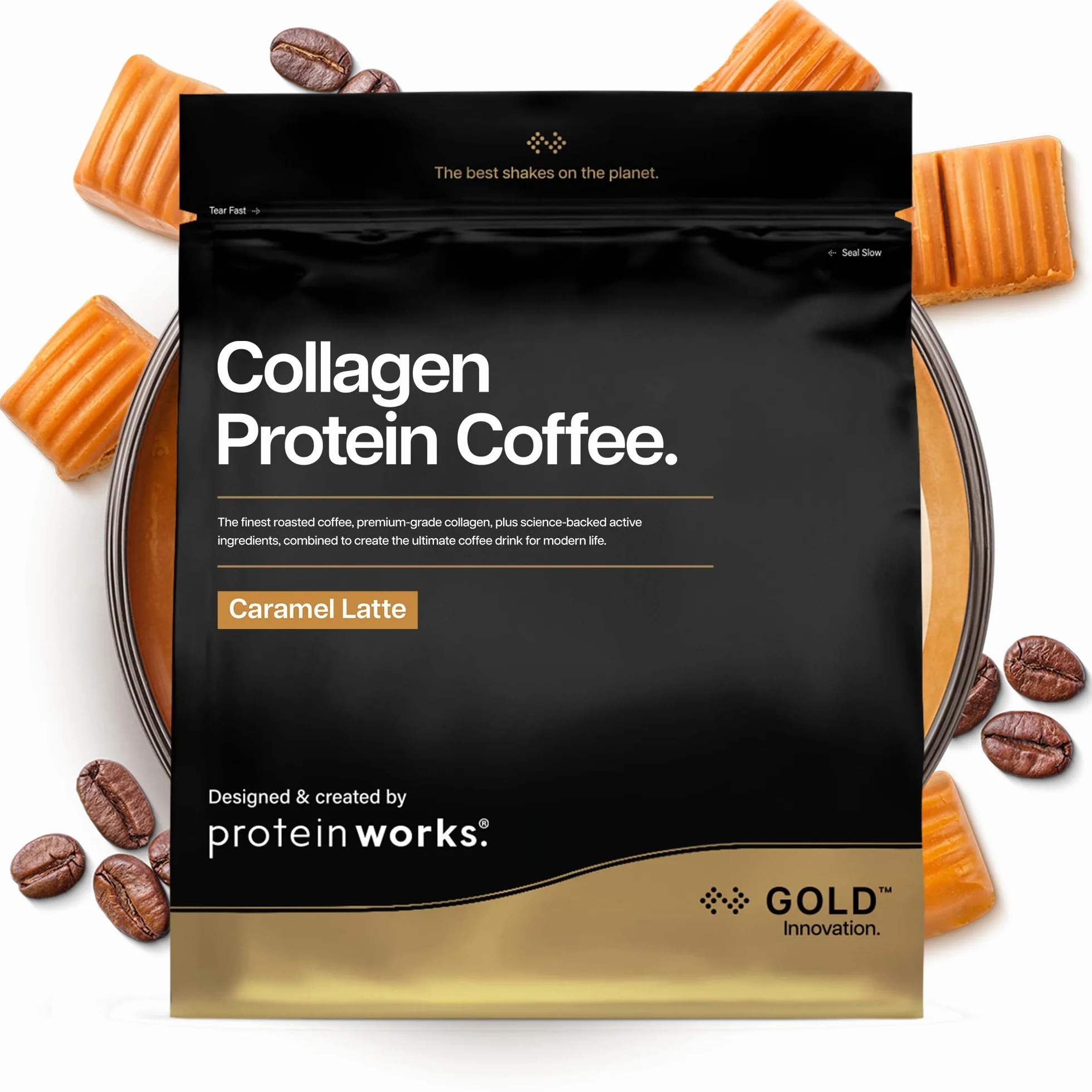 Protein Works | Café Protéiné au Collagène – GOLD Innovation, Collagène Bovin, Café Brésilien avec Collagène Hydrolysé & Vitamine C, Peptides Type 1 & 3, Latté au Caramel, 19 Portions, 475g