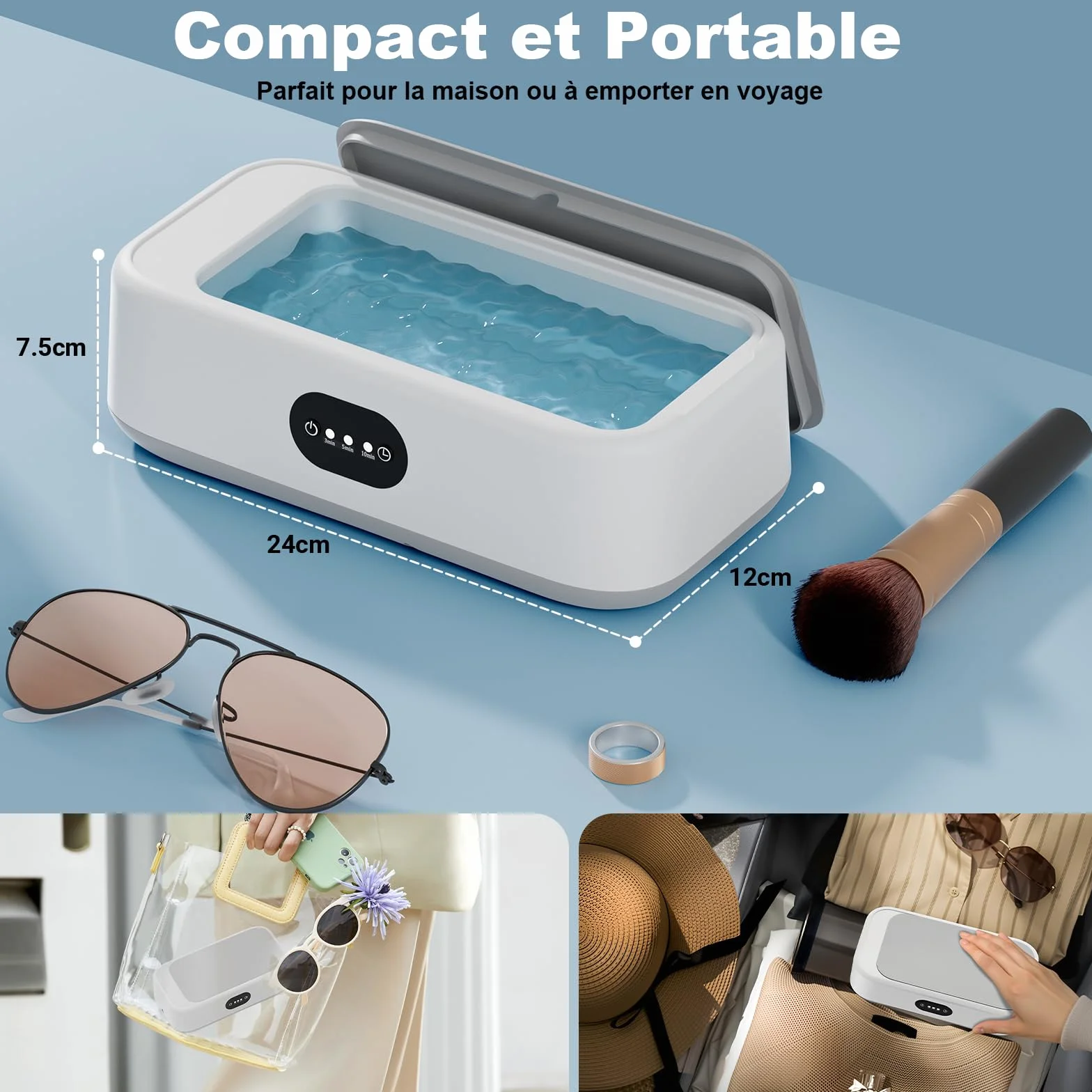 Nettoyeur Ultrasons 640 ml 49000HZ Bac à Ultrason Portable pour Lunettes, Bagues