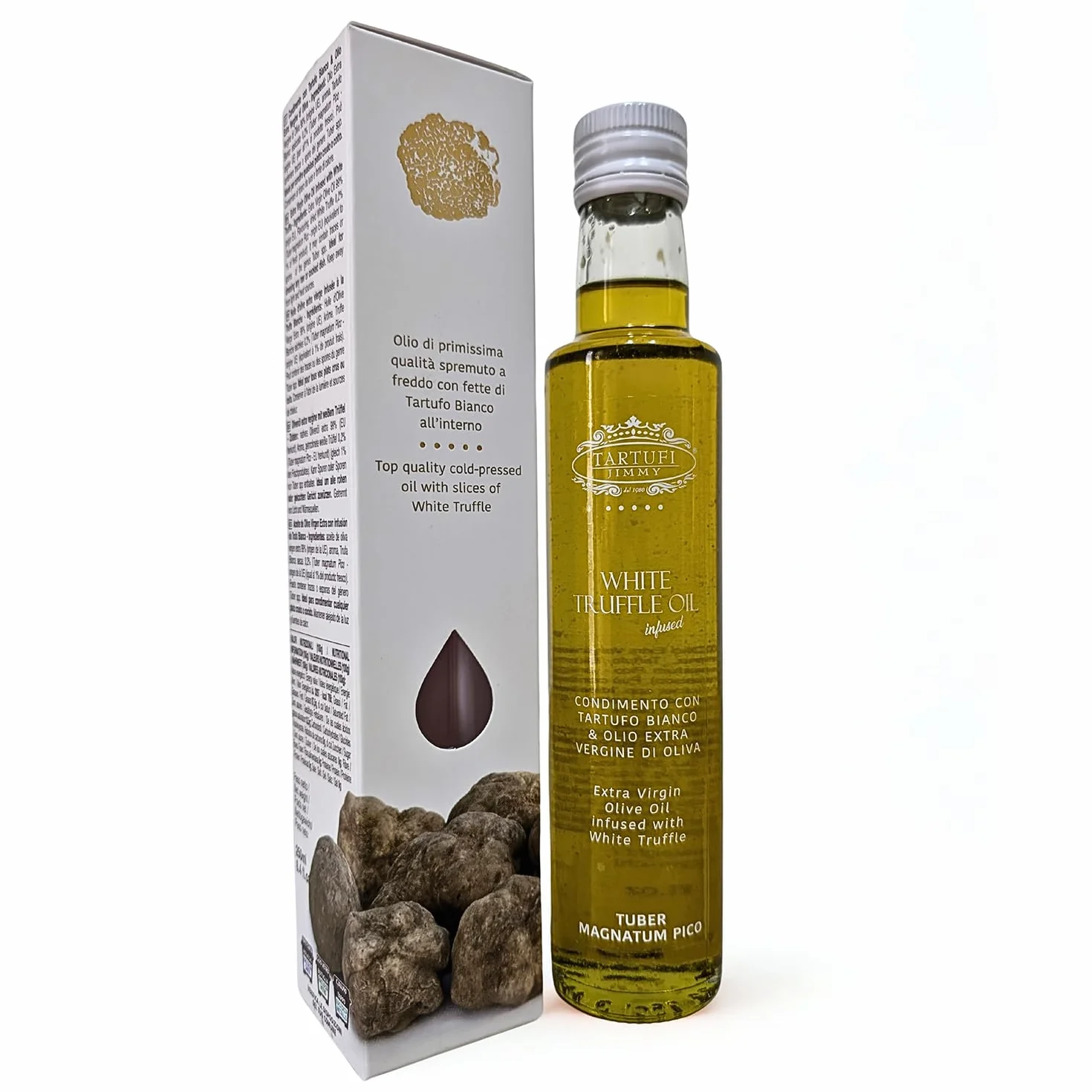 Huile d’Olive Extra Vierge à la Truffe Blanche avec Coffret - 250ml | Condiment Gourmet avec Truffe en Tranches | Fabriqué en Italie