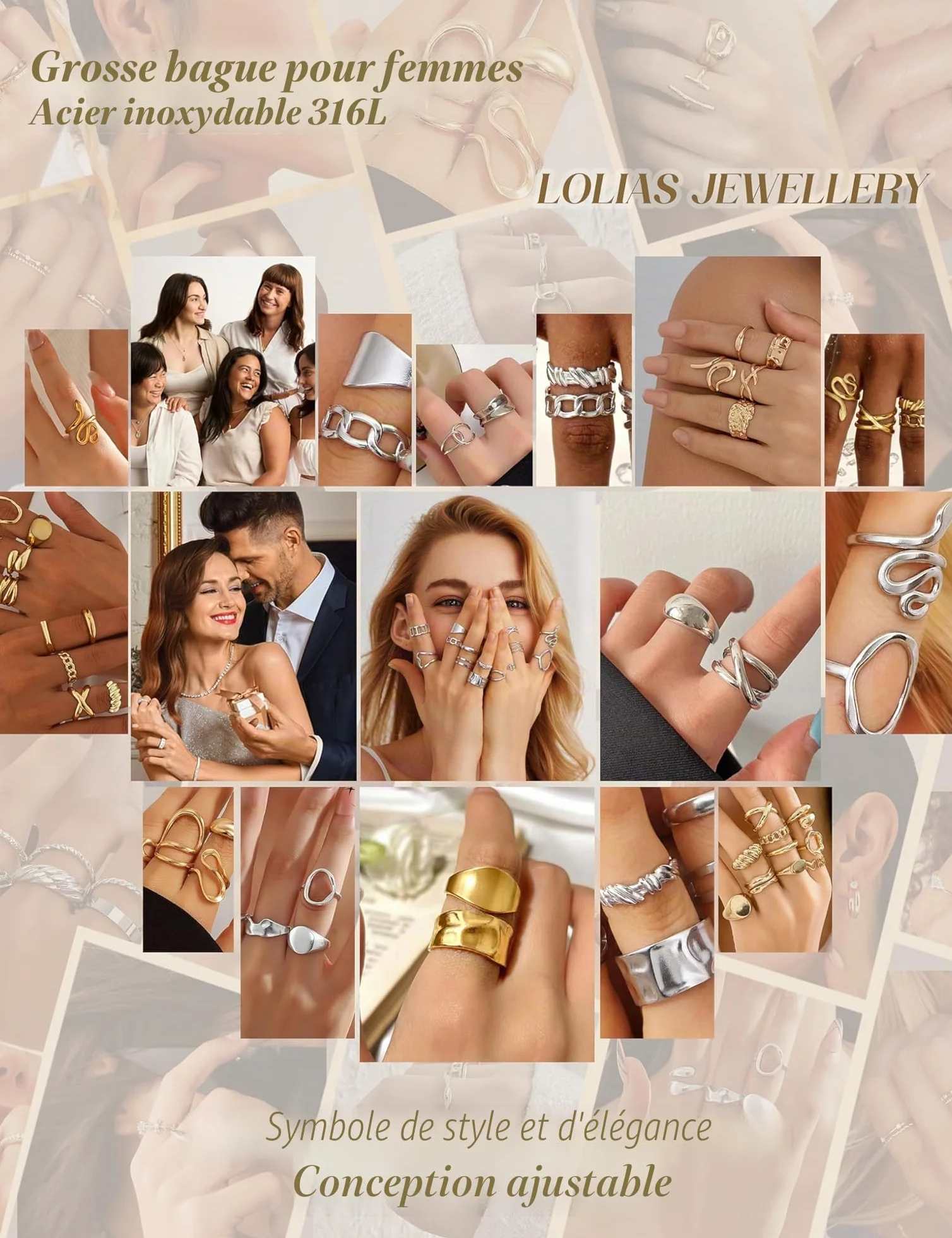 LOLIAS 14 Pièces Bague Femme Or Argent Plaqué Acier Inoxydable Lot Bague Ouvert Pouce Knuckle Ajustable Bijoux