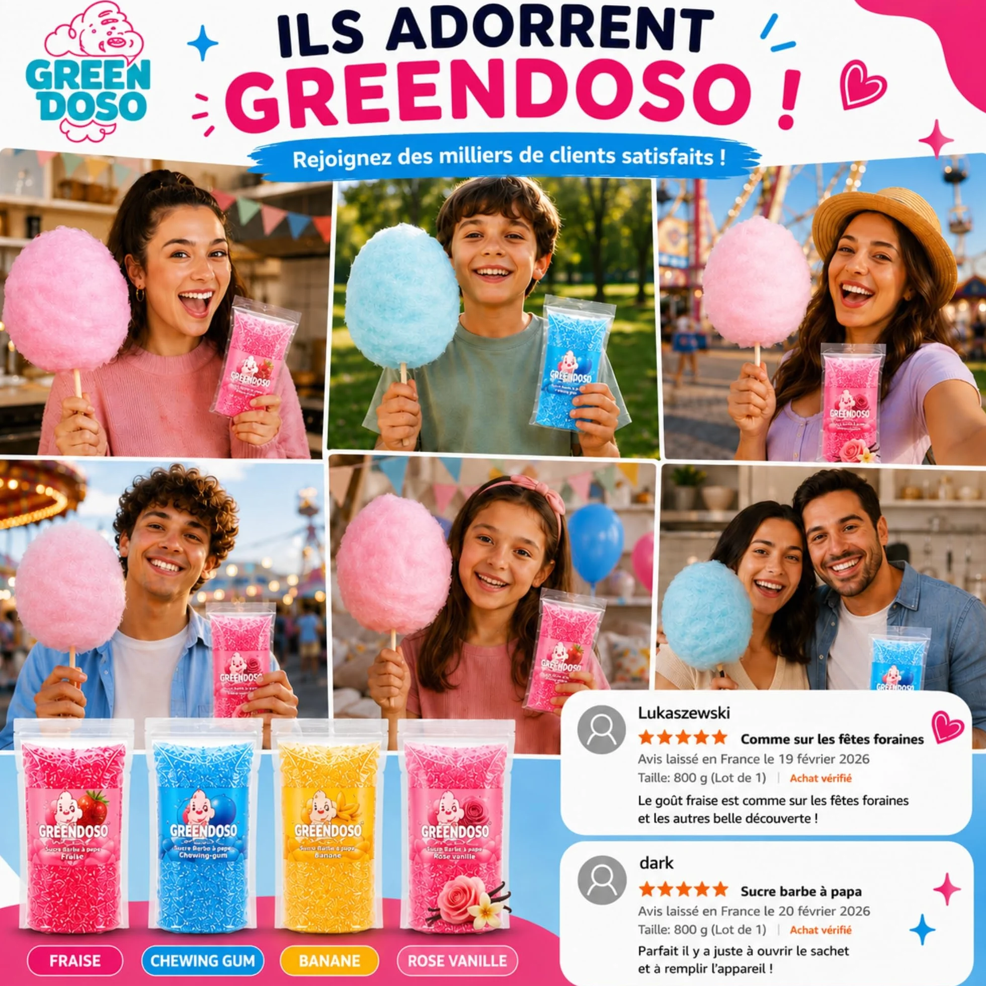 GREENDOSO® Sucre Barbe à Papa pour Machine (4x320 gr) – Lot de 4 Goûts (Fraise/Chewing Gum/Banane/Vanille) – 50 Bâtonnets