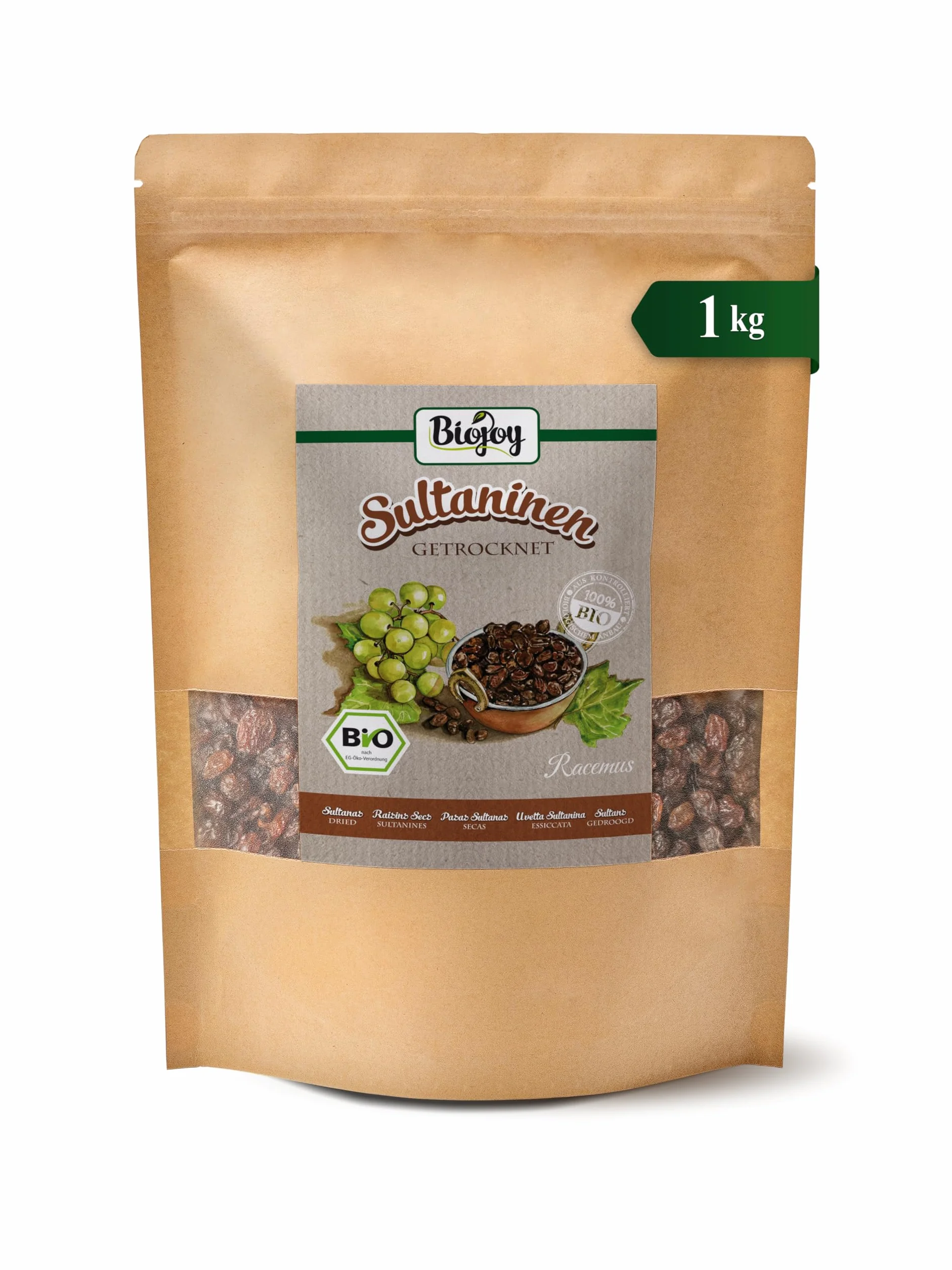Biojoy Raisins secs Sultanine BIO (1 kg), entières et sans additifs