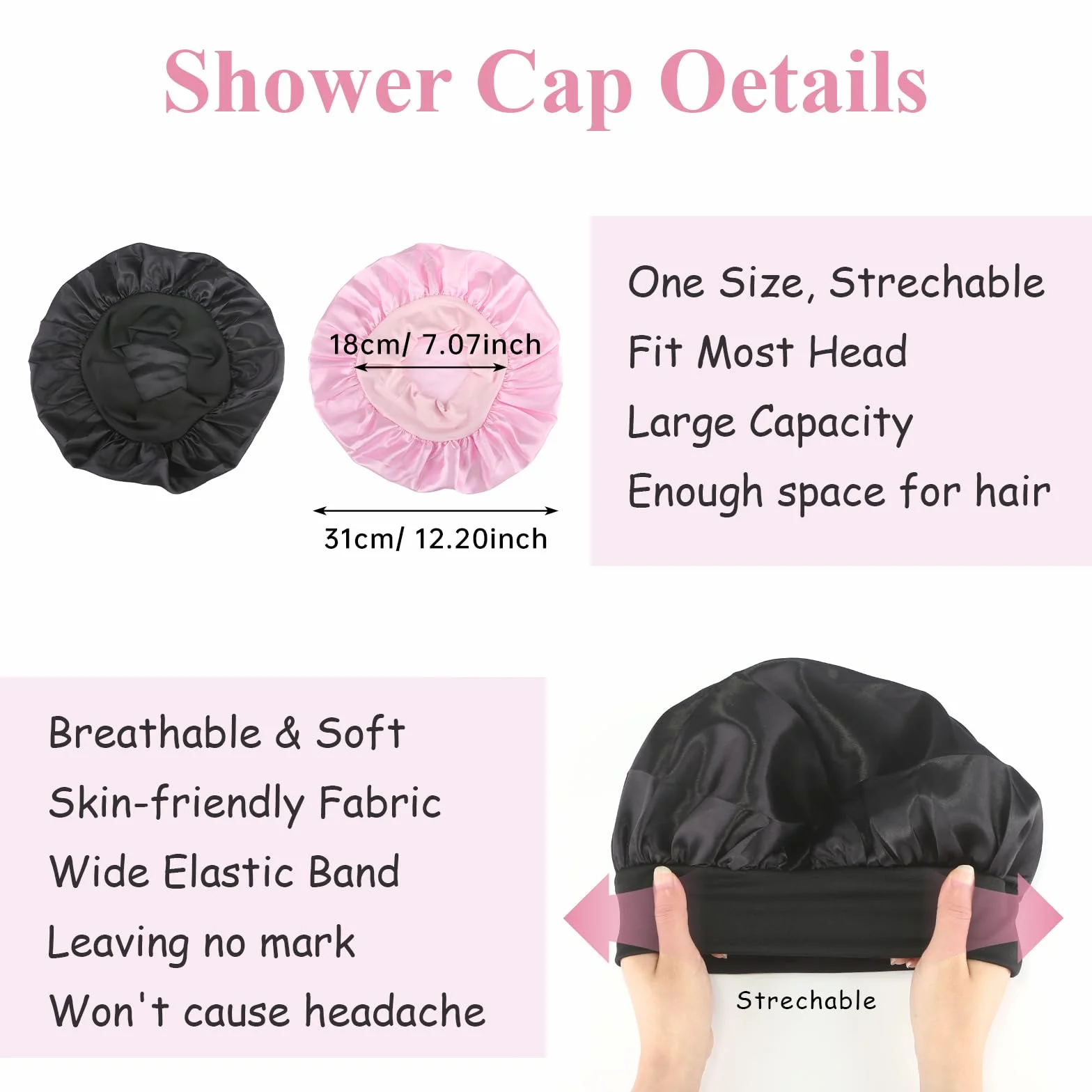 Bonnet Satin Cheveux Nuit avec Elastiques, Protection Cheveux Noir Rose