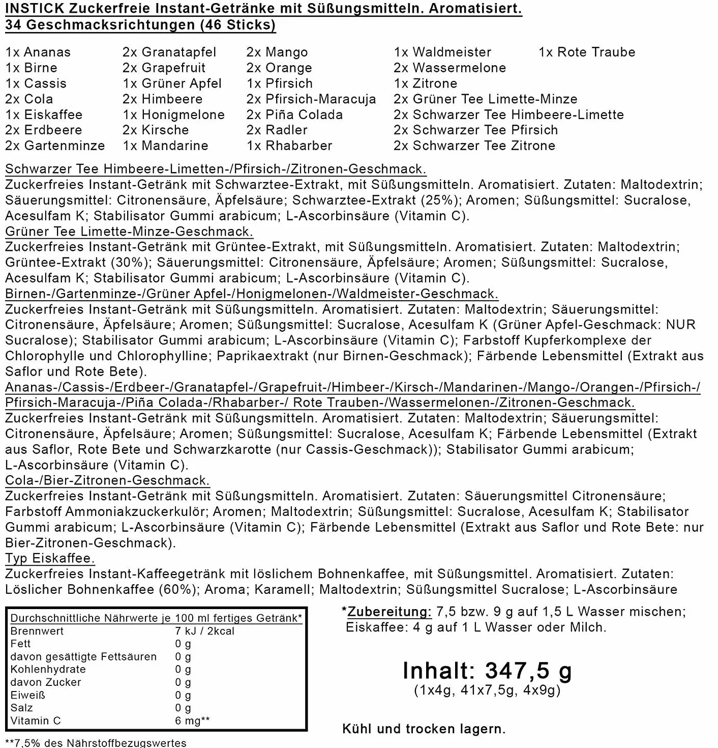 INSTICK Boisson instantanée sans sucre | paquet mix de 46 chacun pour 1,5-2,5L | différentes sortes | boisson en poudre - végétalienne, faible en calories, avec vitamine C, poudre pour eau