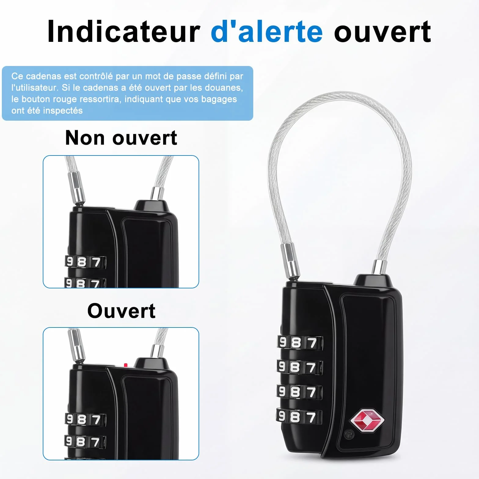 Diyife TSA008 Cadenas Code 4 Chiffres avec Alerte Rouge à l'Ouverture, Câble d'Acier 3 mm, Cadenas Valise pour Bagage Cabine, Casier & Camping