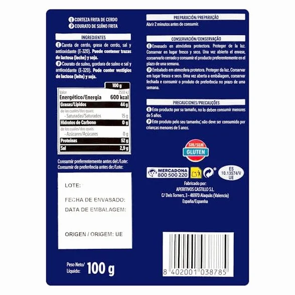 Hacendado Couennes de Porc Frites, Nature, Sans Gluten, 100g, Sachet de 8 Paquets, Spécialité Espagnole