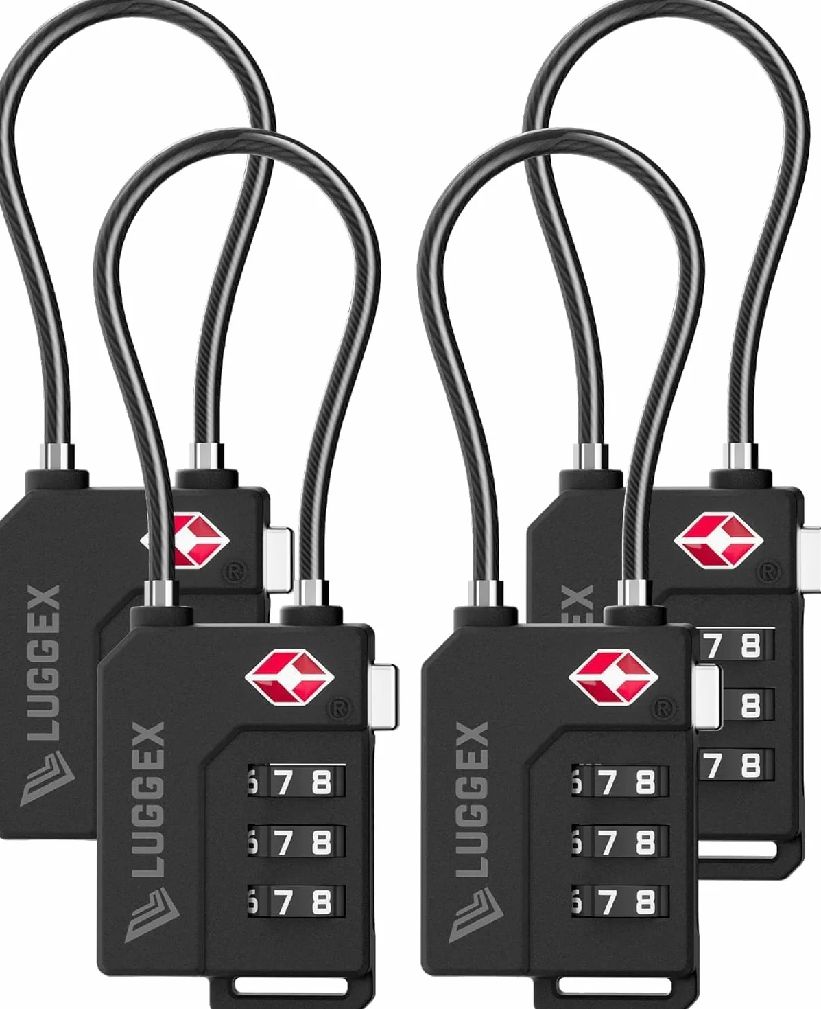 LUGGEX Cadenas Valise TSA Approuvé à Combinaison 3 Chiffres avec Câble Flexible pour Bagages, Noir, 4 pièces