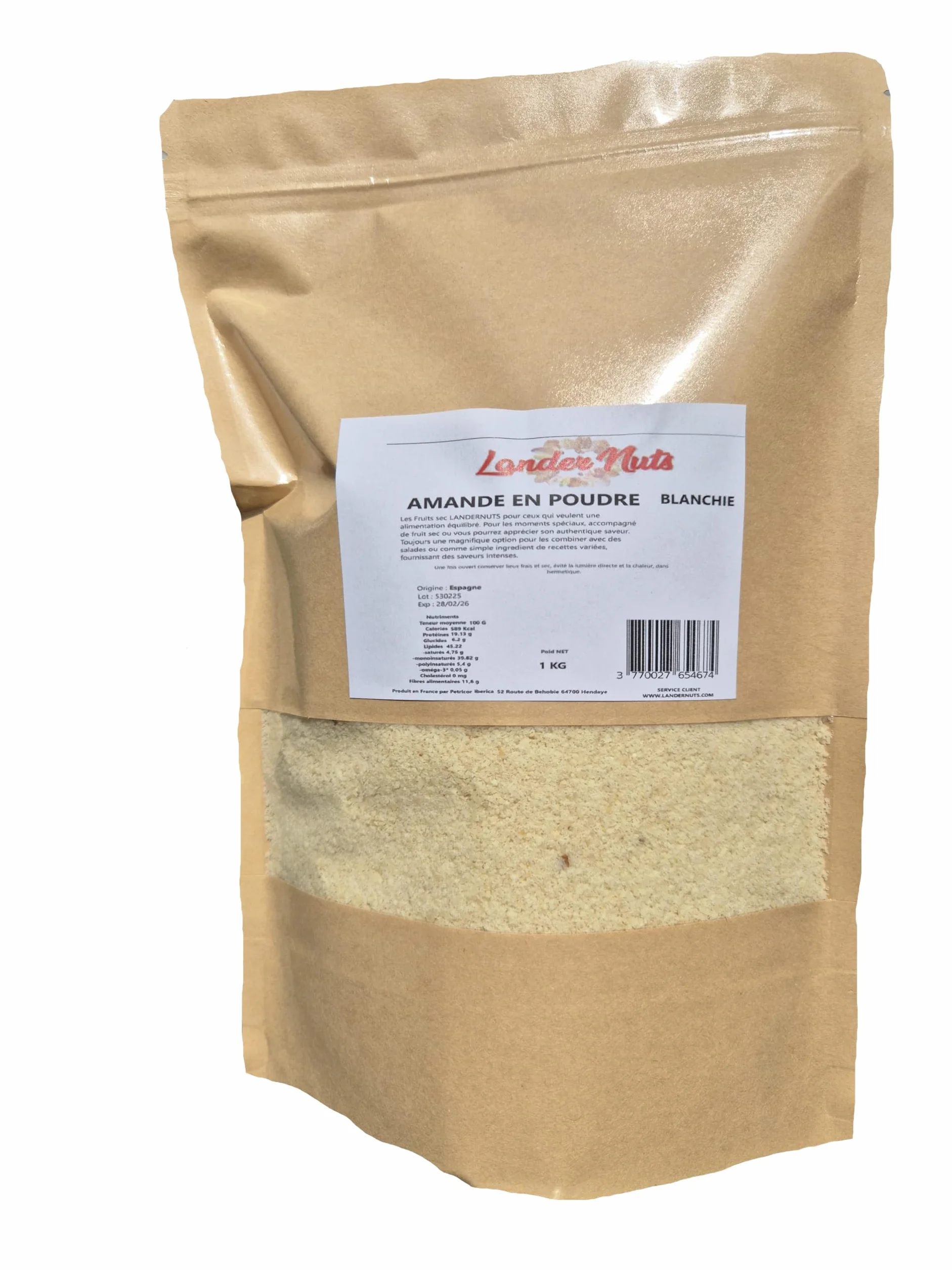 Amande en Poudre Blanchie 1 KG Origine Espagne Idéal pour recette Amandes sélectionnées LANDERNUTS