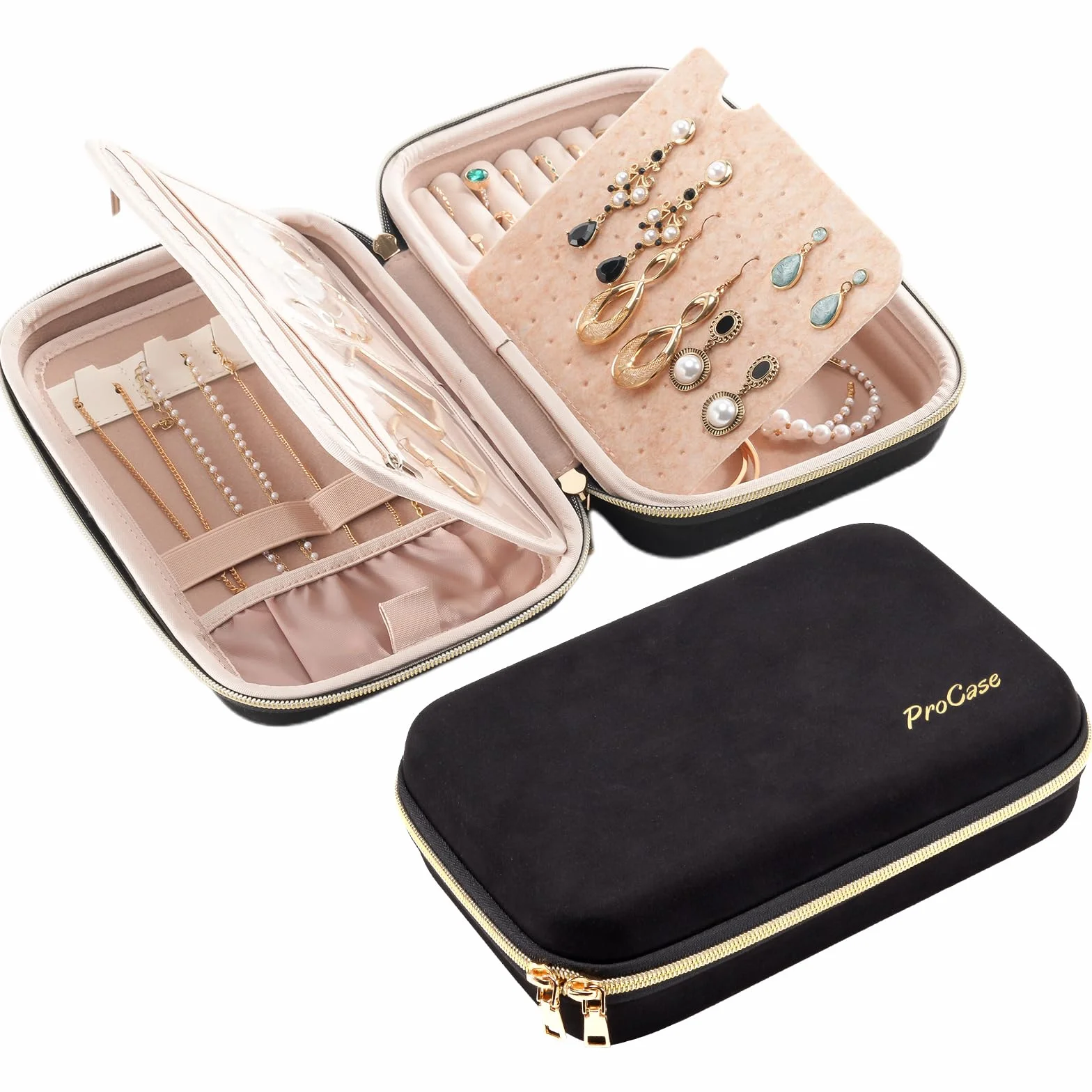 ProCase Trousse Bijoux Voyage en EVA, Pochette Rangement Colliers Boucles d'Oreilles Bagues - Noir