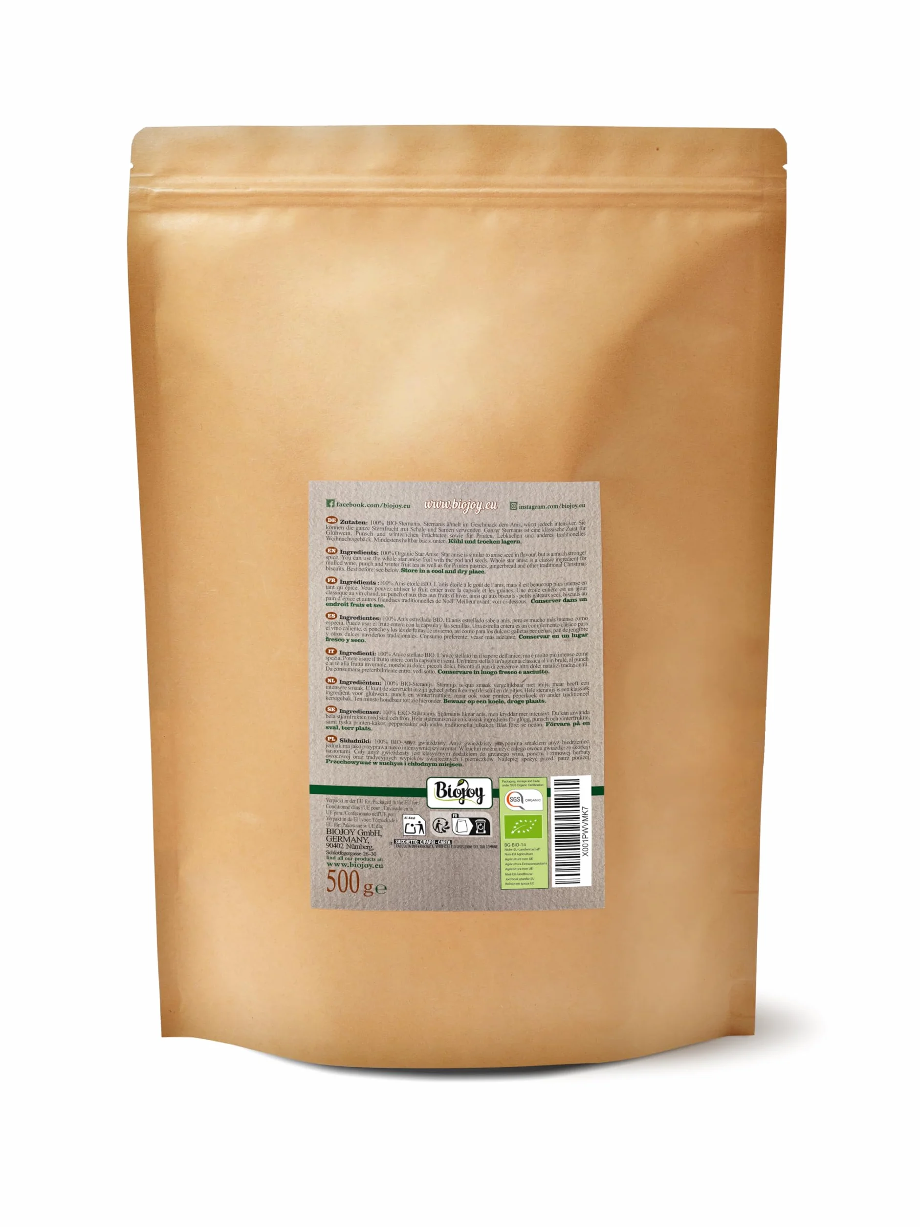 Biojoy BIO-Anis étoilé entière (500 g), thé d'anis, sans additifs (Illicium verum)