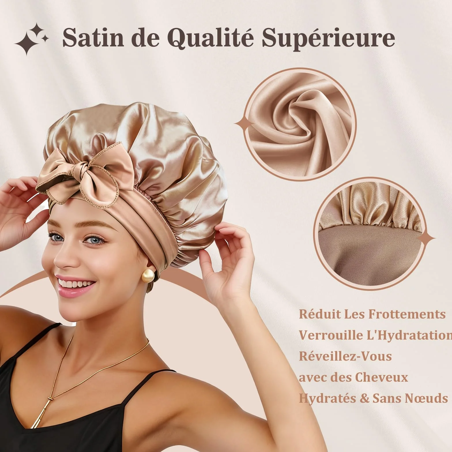 Bonnet de Nuit Réversible Double Couche en Satin avec Élastique Réglable, Set Bonnet et Chouchou pour Cheveux Bouclés