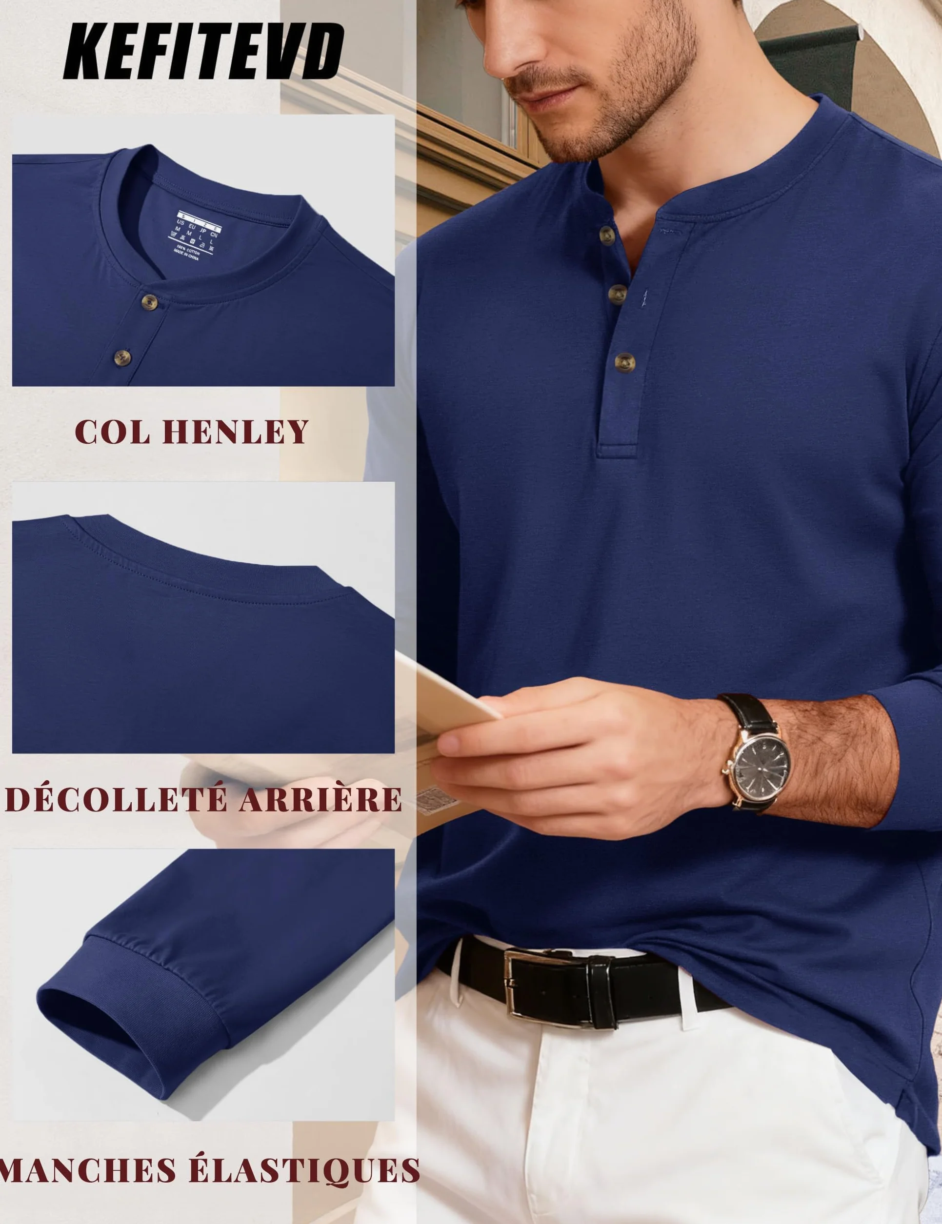 Chemise Homme Henley Manche Longue en Coton à 3 Boutons Col V Décontractée