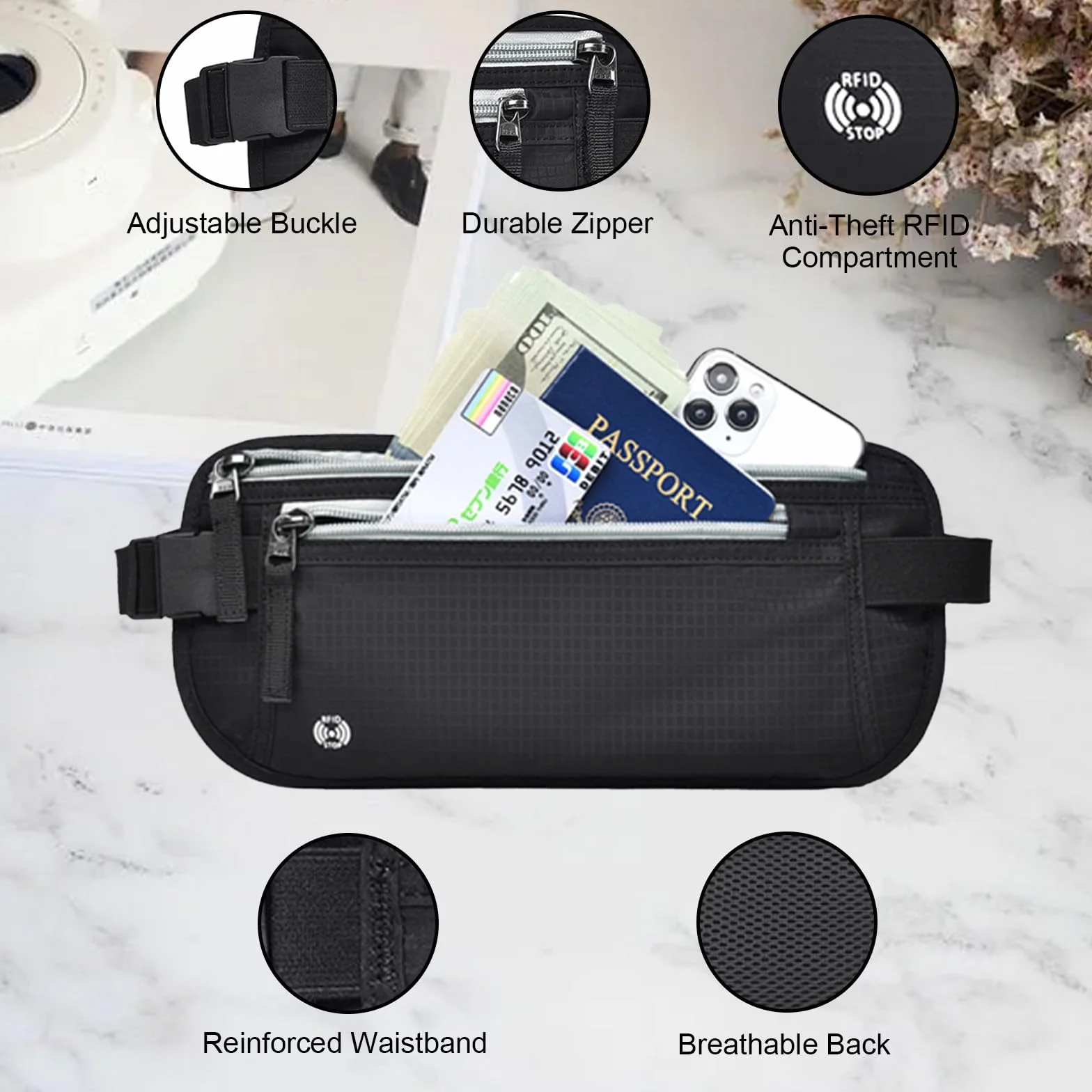 Ceinture de voyage sécurisée RFID étanche antivol pour homme - Sac banane noir taille unique
