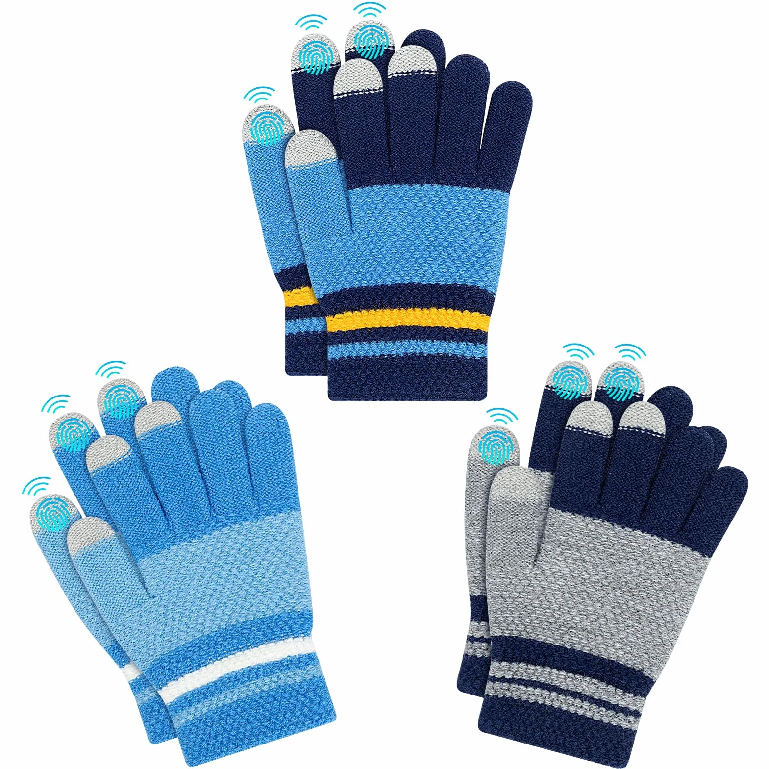 Kiiwah 3 Paires Gants Tricotés Chauds pour Enfants, Doigts Complets Thermique, Garçons 7-9 Ans (Bleu, Marine, Gris)