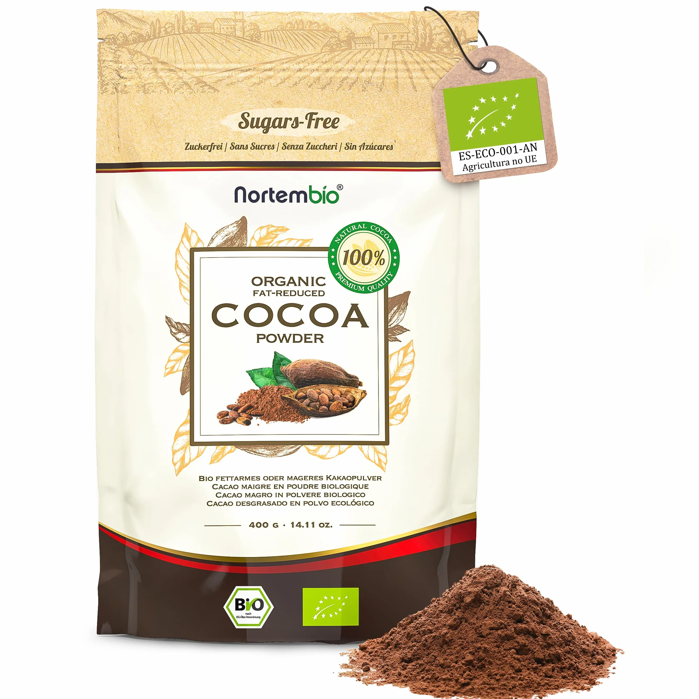Nortembio Cacao en Poudre 400 g · Cacao Pur Dégraissé Biologique · Sans Sucres, Sans Gluten, Sans Lactose, Végan. Idéal pour la Pâtisserie et les Boissons Gourmets.