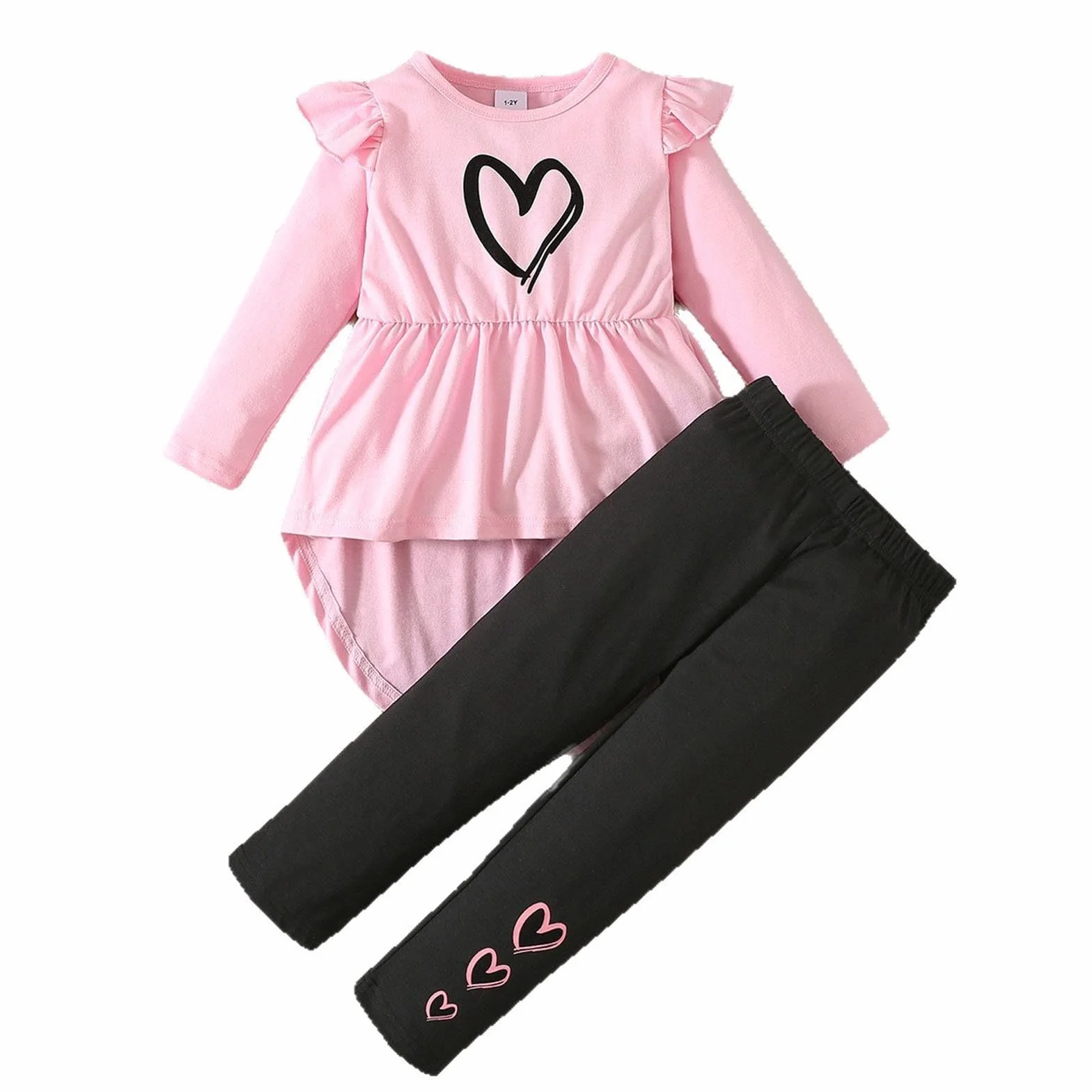 Survêtement de sport fille 2 pièces haut manches longues pantalon imprimé cœur tunique péplum