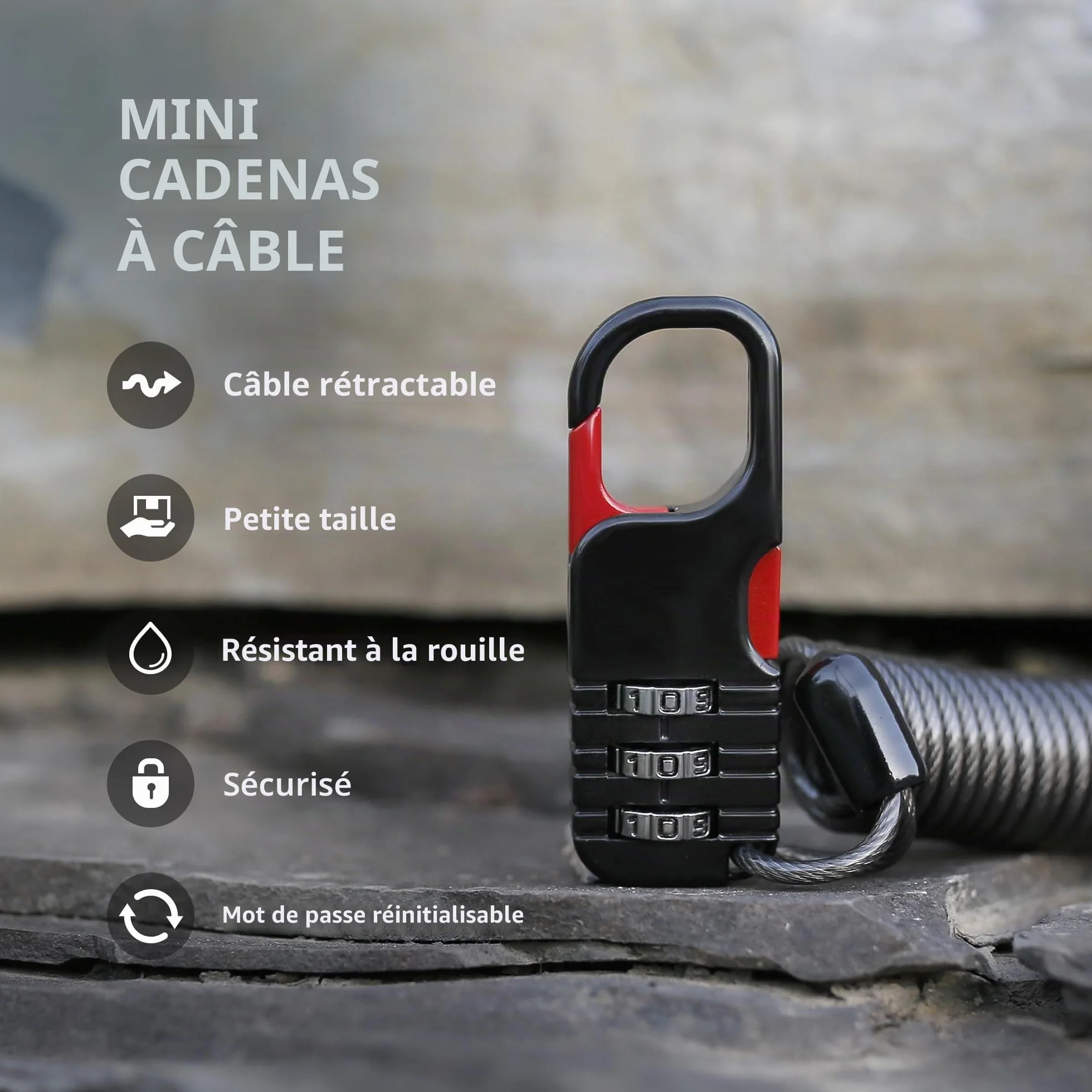 Cadenas à combinaison avec câble rétractable 91 cm antivol bagages voyage