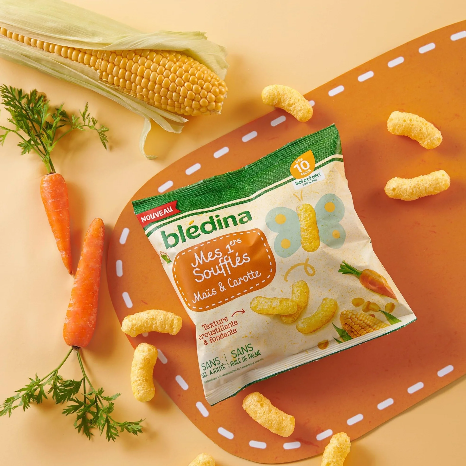 BLÉDINA - Mes 1ers Soufflés - Maïs et Carotte - Sans Gluten et sans Sel Ajouté - dès 10 Mois - 8 x 20 g