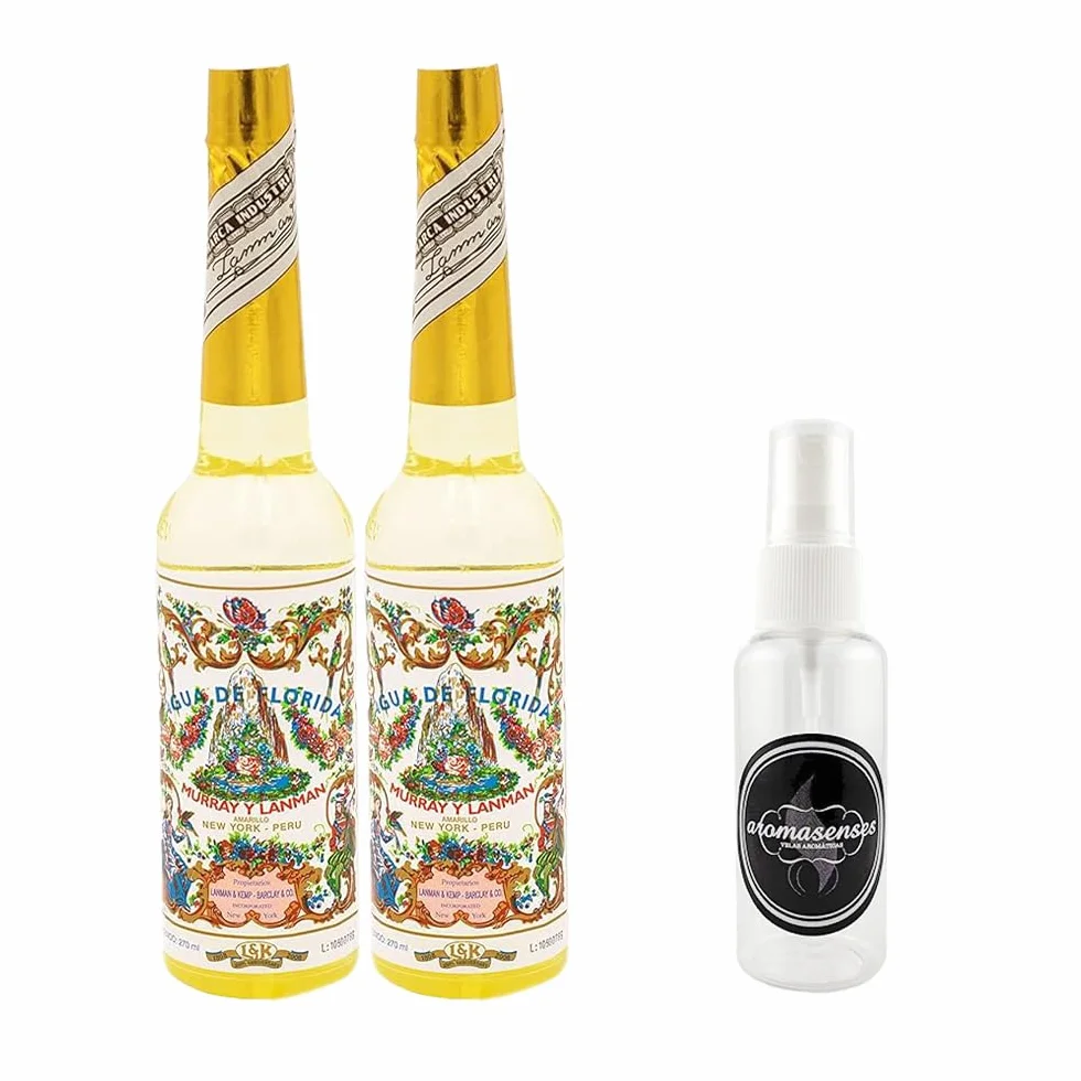 Lot de 2 Eau de Floride 270 ml 100% Original Pérou Jaune Murray & Lanman + 1 Vaporisateur 50 ml Aromasenses