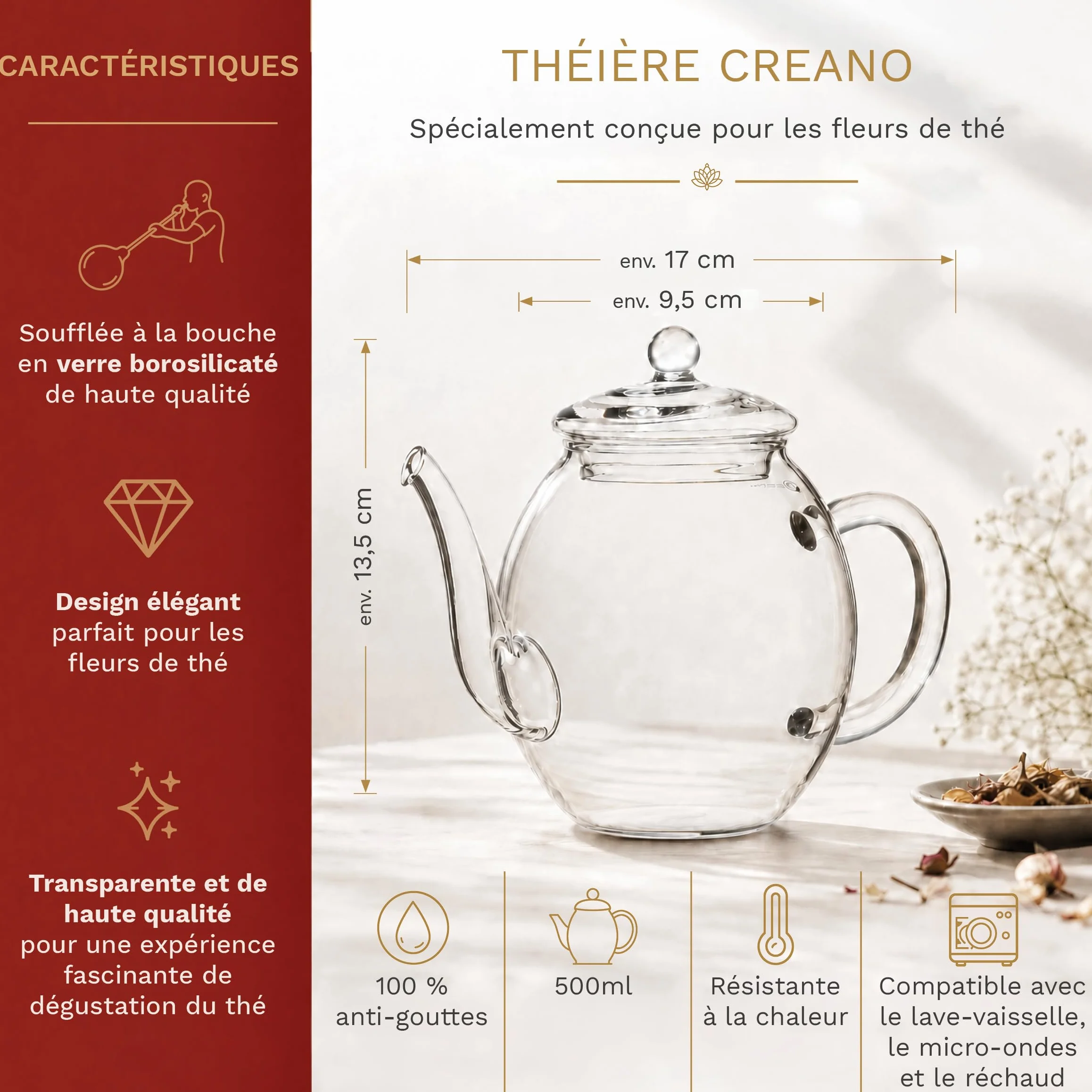 Creano Coffret „Thé en Floraison“ 6 thés de fleurs – Théière en verre 500ml sans goutte – 6 variétés de thé blanc – Idée cadeau exceptionnelle – Verre borosilicate