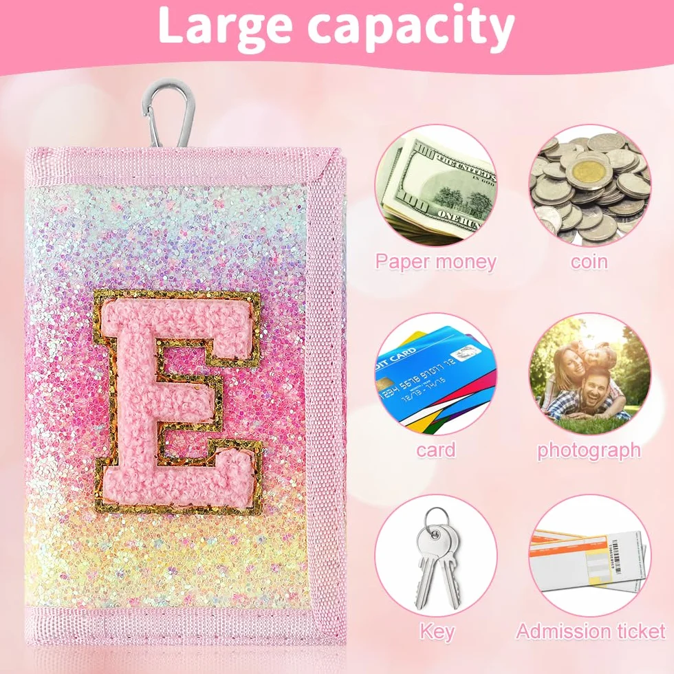 Portefeuille Enfant Lettres A à Z, Porte Monnaie Pliable avec Mousqueton, Lanière de Cou pour Filles