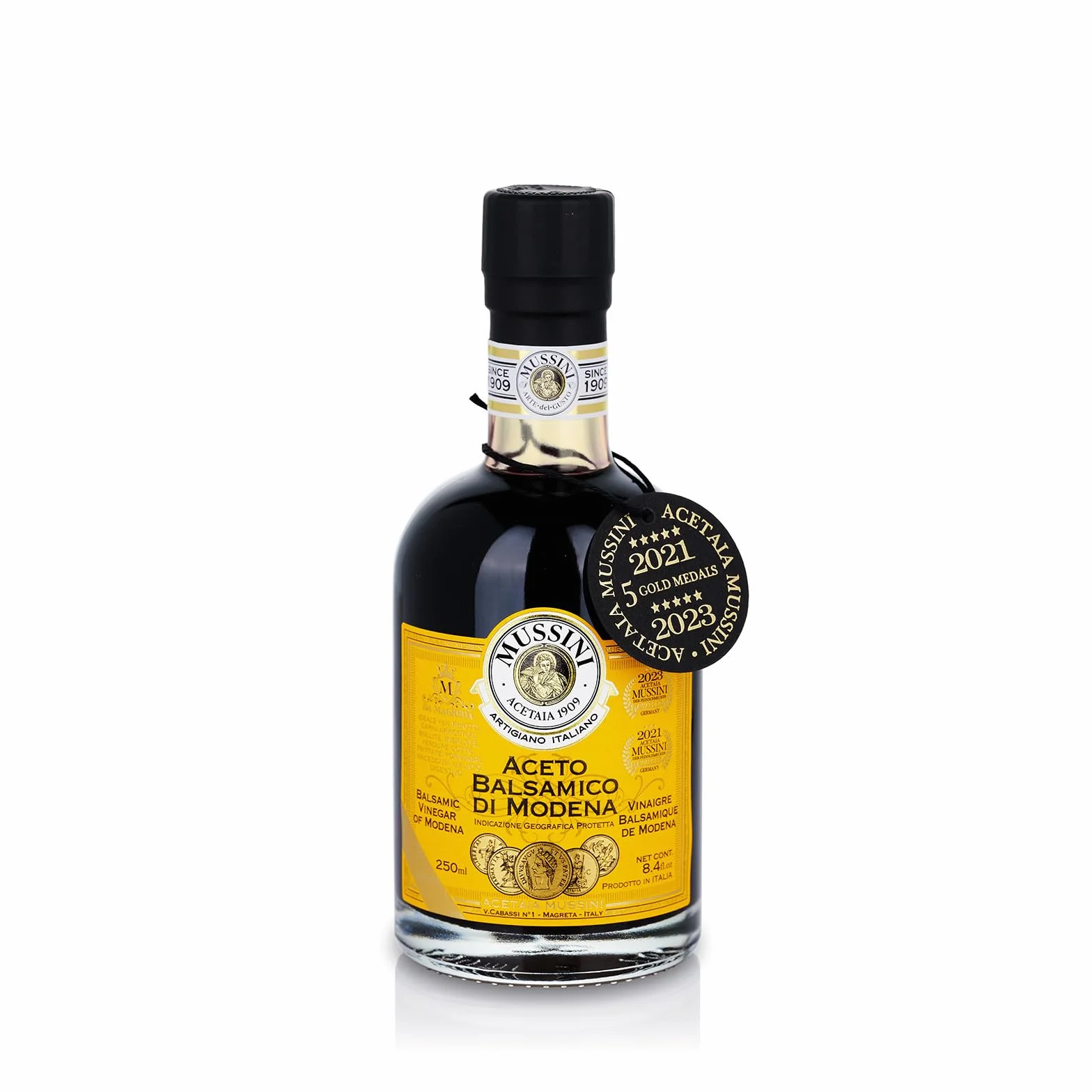 Mussini Aceto Balsamico Di Modena IGP – IL DENSO 12 ans – 5 médailles d'or – 250 ml – primé de la région de Modena Emilia-Romagna – Fabrication artisanale dans 12 types de fûts en bois différents