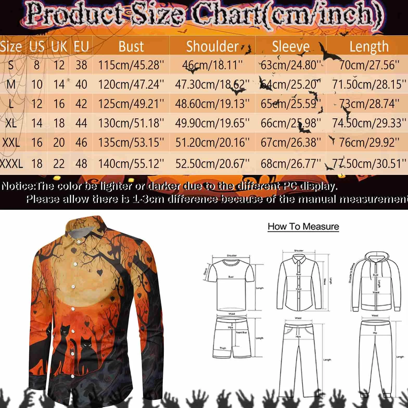Chemise d'Halloween pour homme avec empreinte de main de sang personnalisable à manches longues boutonnée