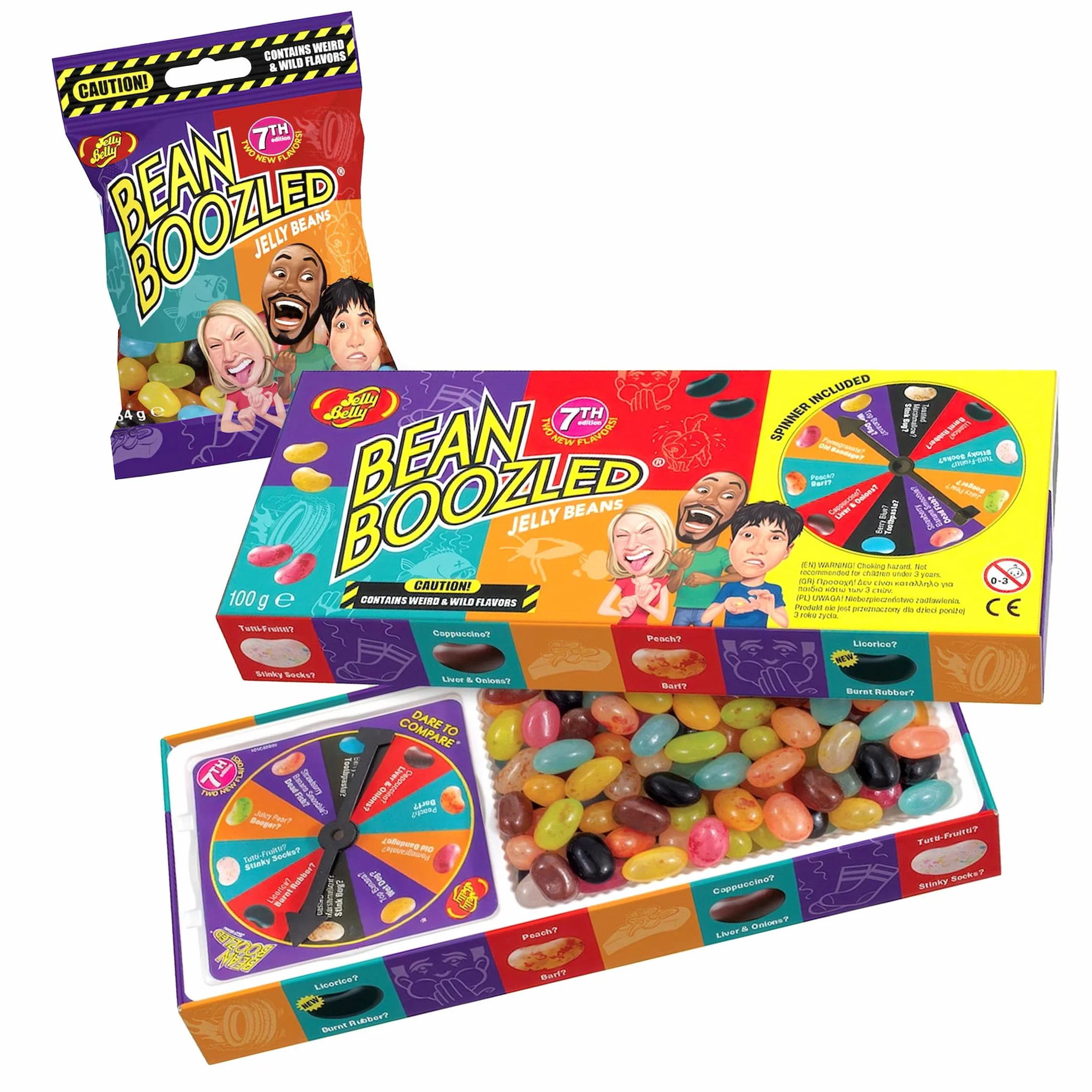 Jelly Belly Bean Boozled 100g avec roue + Sac de recharge (54g) – Bonbon americain - Défi goûts bizarres – Jelly Beans Challenge – Jeu Amusant & Extrême – Idéal pour Soirées, EVG/EVJF & Fêtes