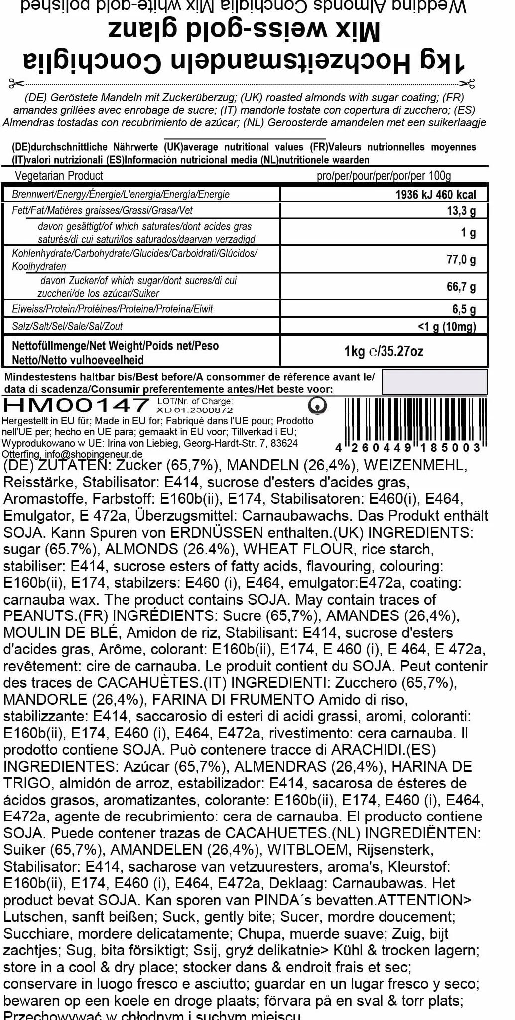 EinsSein Dragées Mariage Amandes 1 kg – Environ 280 Pièces Conchiglia Blanc & Or Brillant