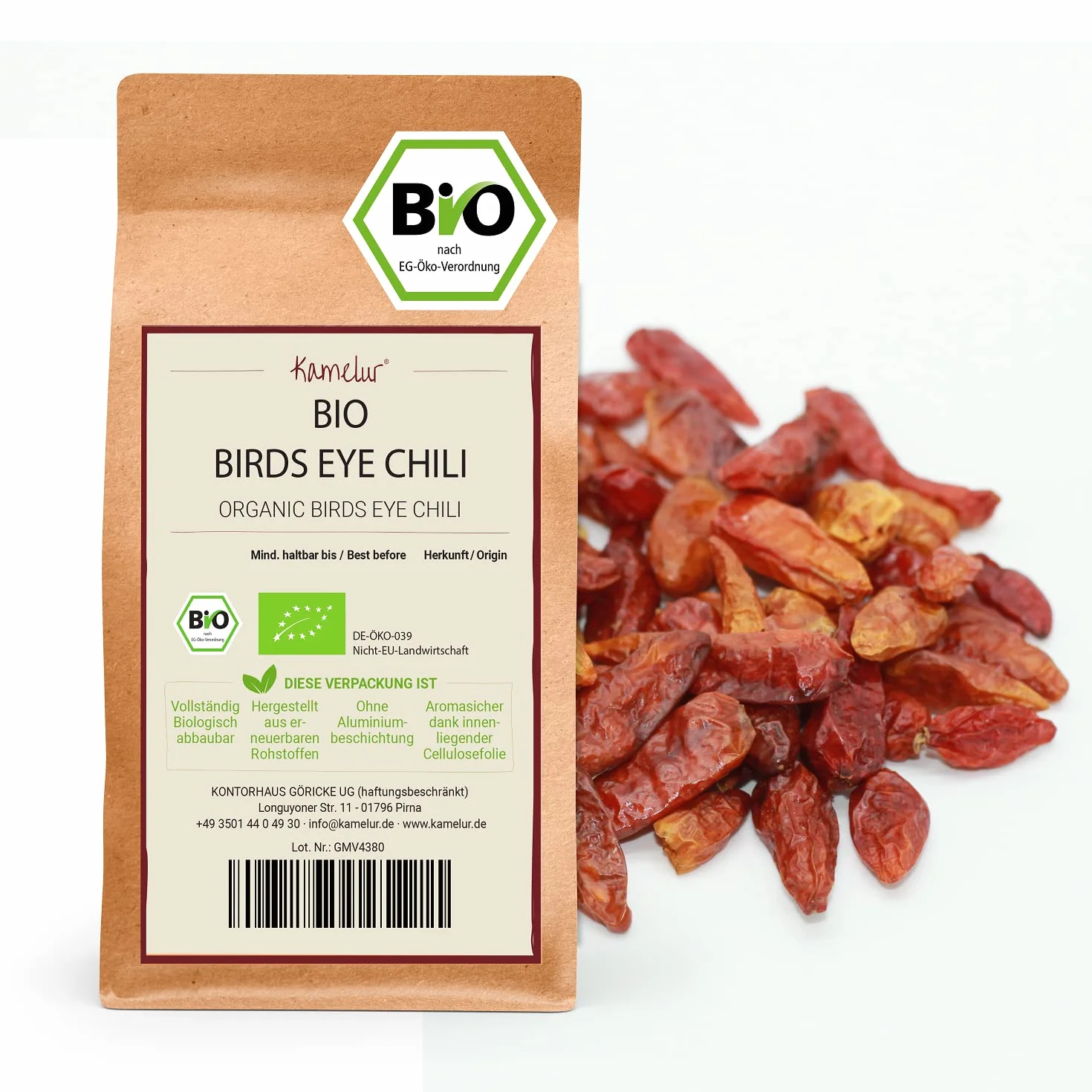 Kamelur gousses de piment bio 'Birds Eye' entières, doucement séchés, sans additifs, 120 000 Scoville, dans un emballage biodégradable 500 g (Lot de 1)