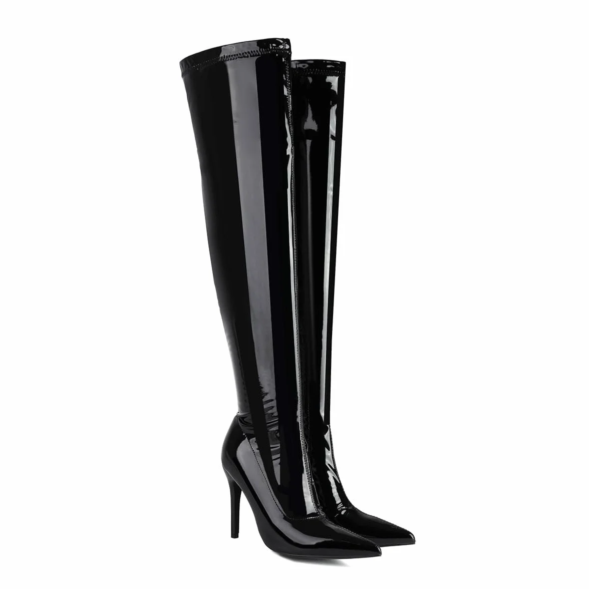 Feinlina Bottes Noires Au-dessus du genou Bottes Sexy à bout Pointu en cuir verni pour Femme