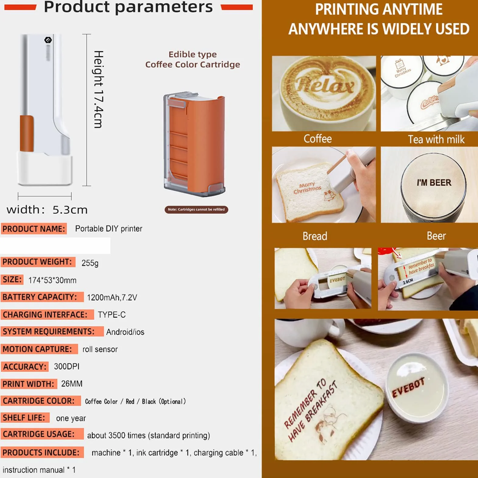 Imprimante Comestible Portable, Imprimante Alimentaire Multifonctionnelle, Stylo à Jet D'encre Alimentaire Sans Fil Avec Contrôle App, Précision 300 Dpi, Pour Café, Pain, Gâteaux, Biscuits,Red