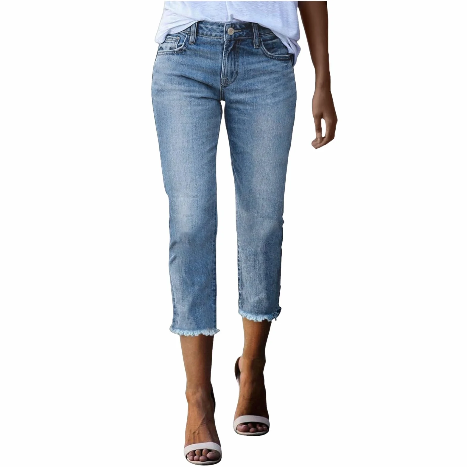 Pantacourt Jean Femme Droit Coupe Slim Été Élégants Classiques Élasticité Confortable