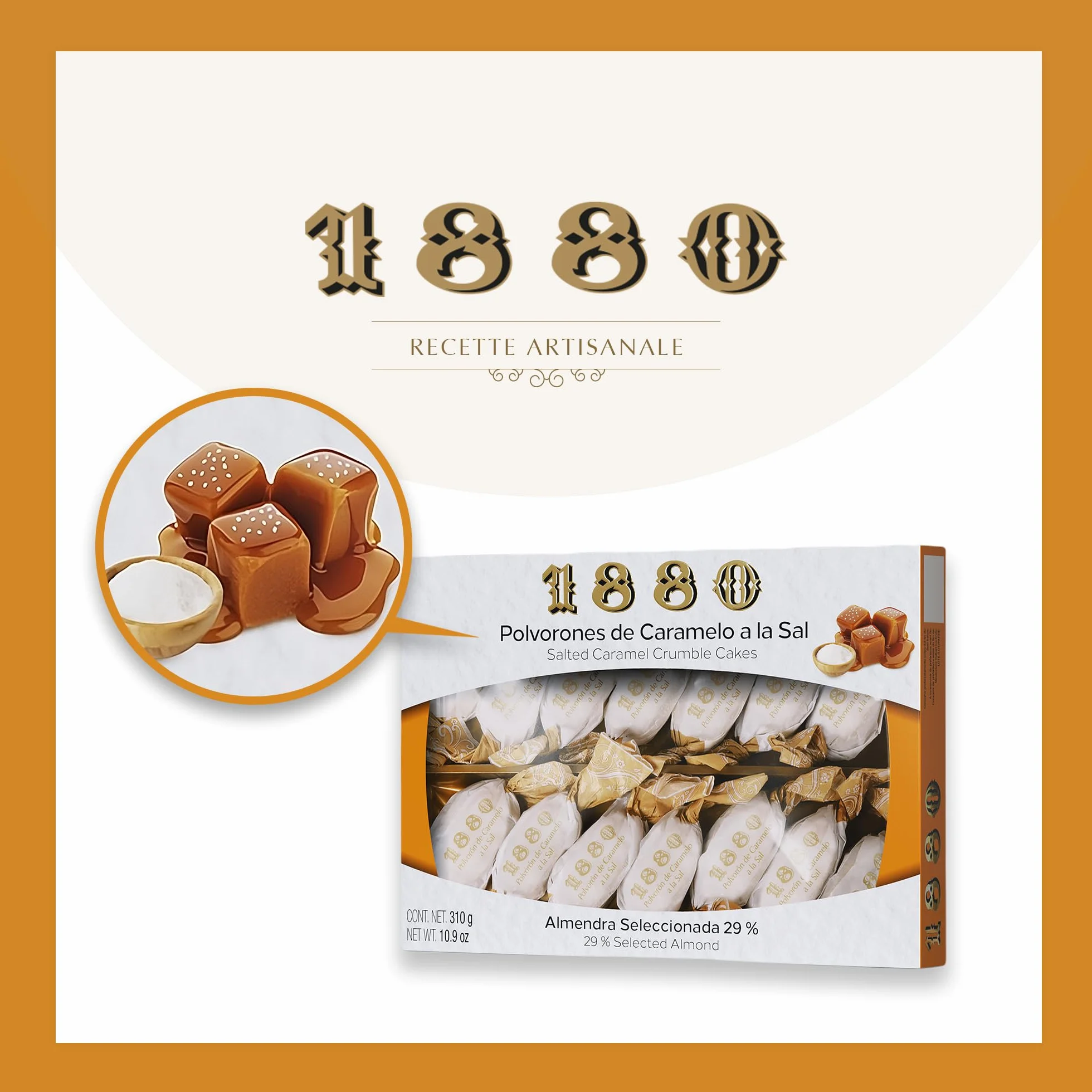 1880 - Sablés Caramel Salé, Qualité Suprême, Douceur typique de Noël, Recette Artisanale, Boîte Unique, Polvorones Traditionnels, Fabriqués avec des Amandes Sélectionnées, 280 Grammes