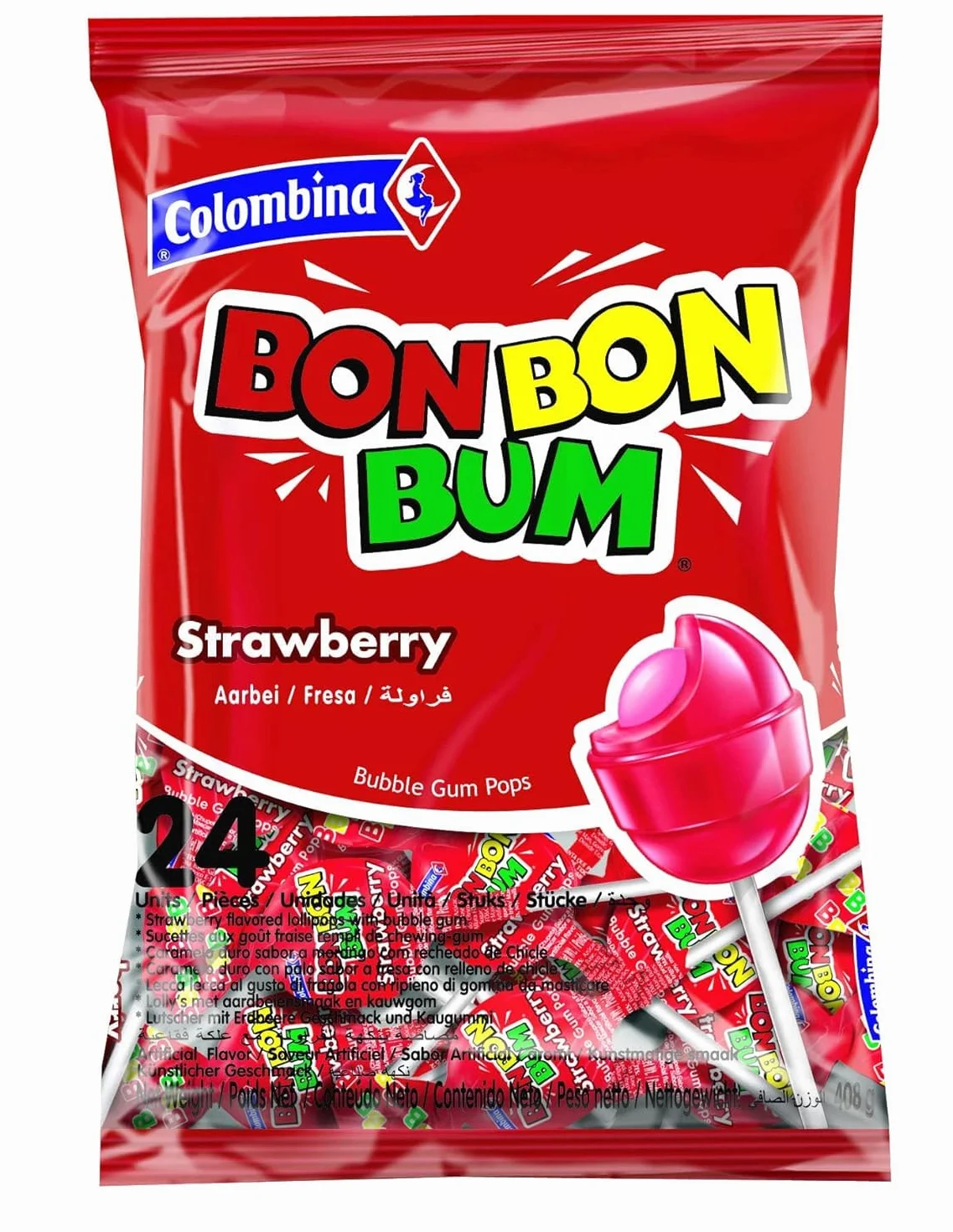 Colombina - Bon Bon Bum - Lollipops - Bonbons durs - Avec gomme de remplissage à la saveur de fraise - 24 unités dans le sac