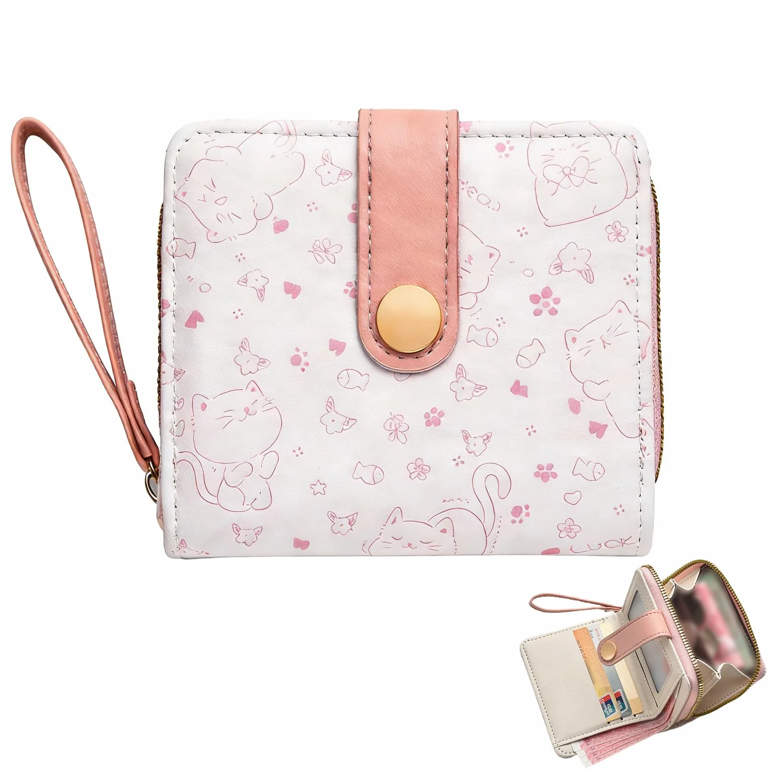 Porte Monnaie Fille Motif Chat Mignon Portefeuille Ado avec Fermeture en Cuir Rose