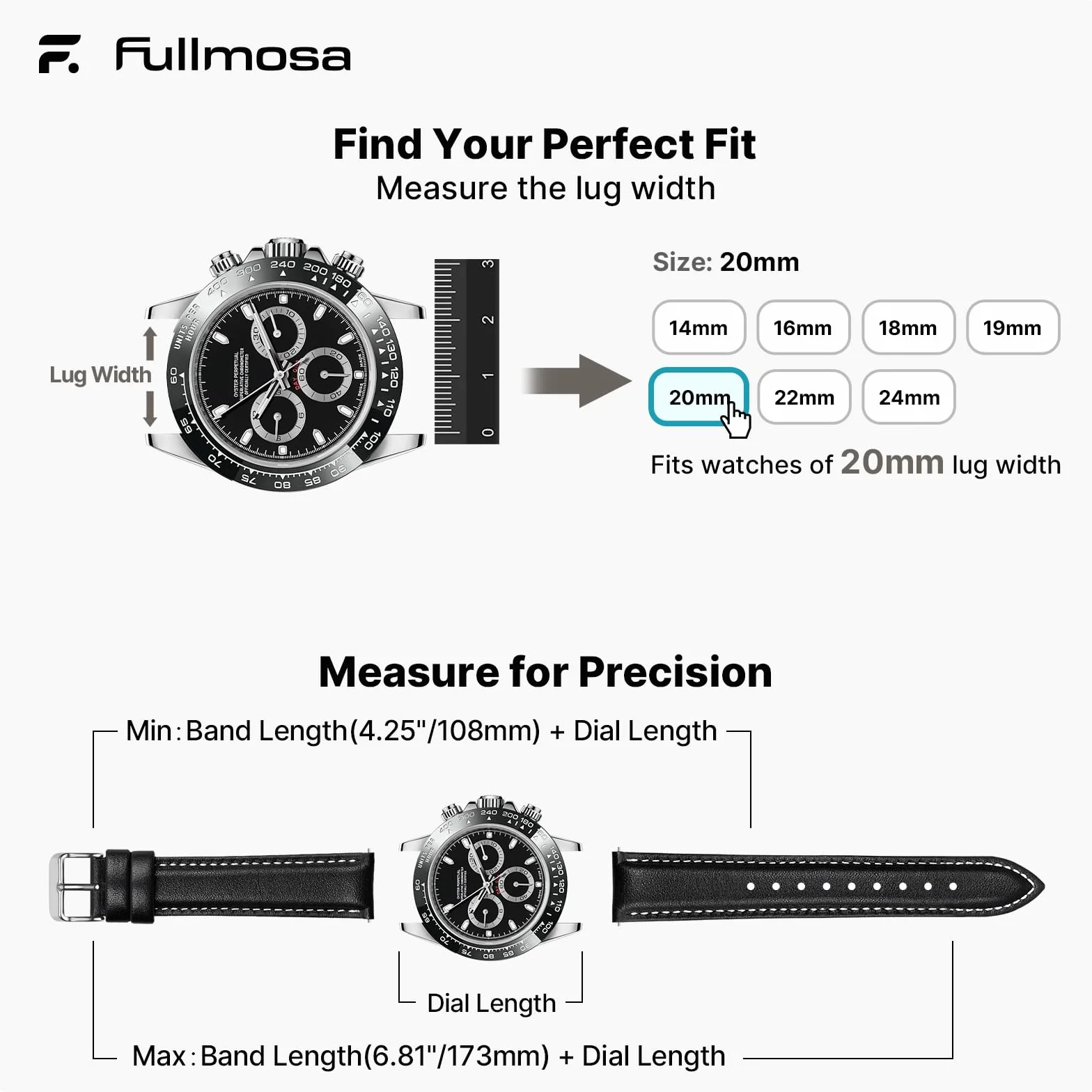 Fullmosa Bracelet de montre en cuir vintage remplacement universel 20MM Noir boucle argentée